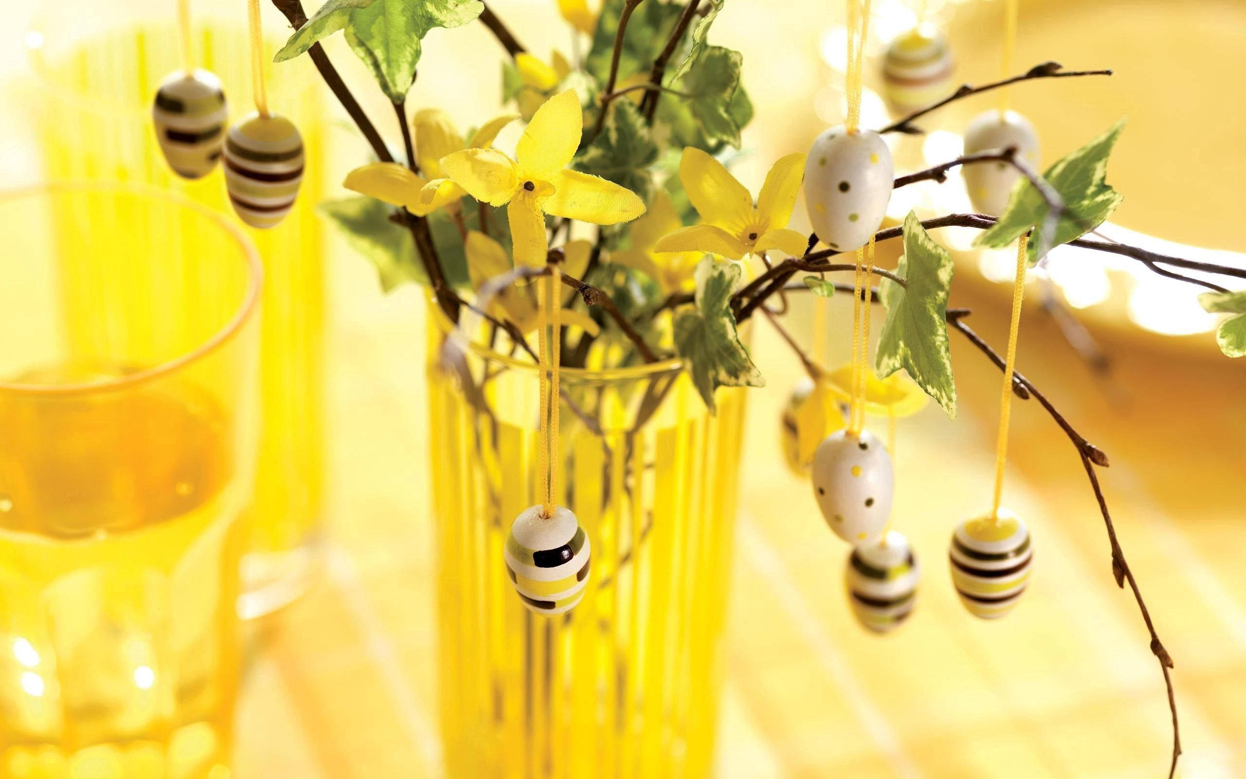 vase, branches, striped eggs, 2K Desktop Wallpaper
