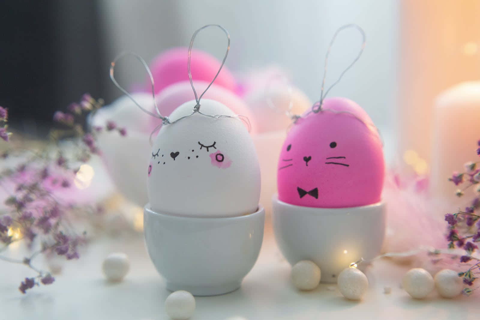 pastel easter, bunny-faced eggs, white cups, HD Desktop Wallpaper