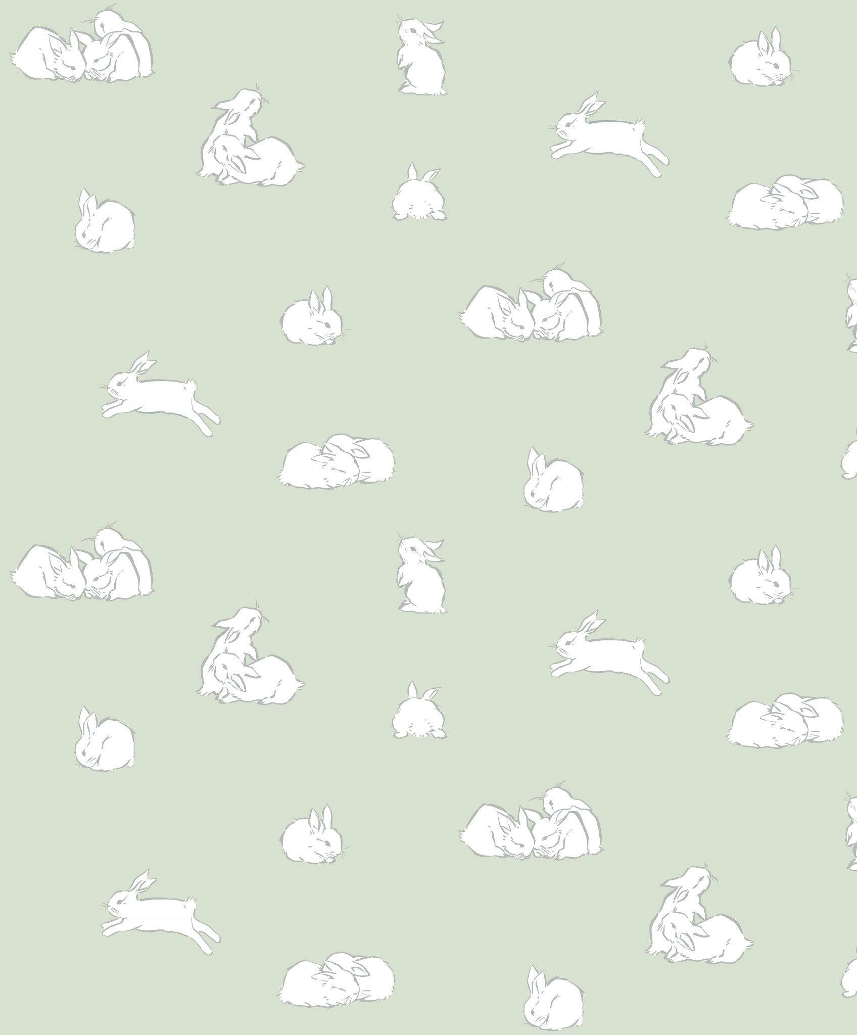 Aesthetic Easter, white line-drawn rabbits, soft sage green background, Full HD Phone Wallpaper