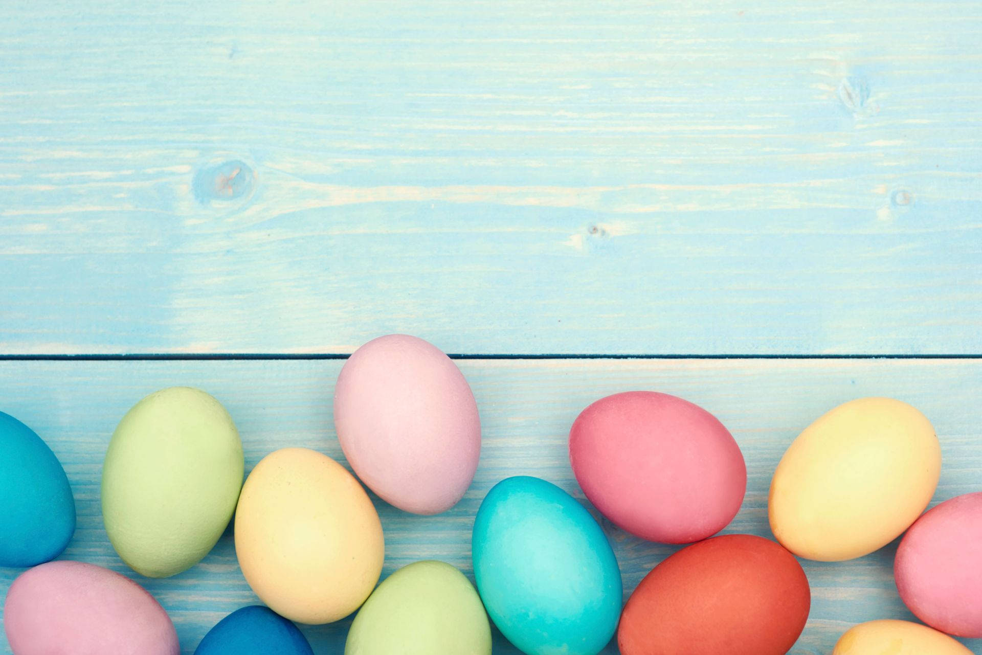 pastel spring colors, light blue wooden surface, Easter eggs, Full HD Desktop Wallpaper