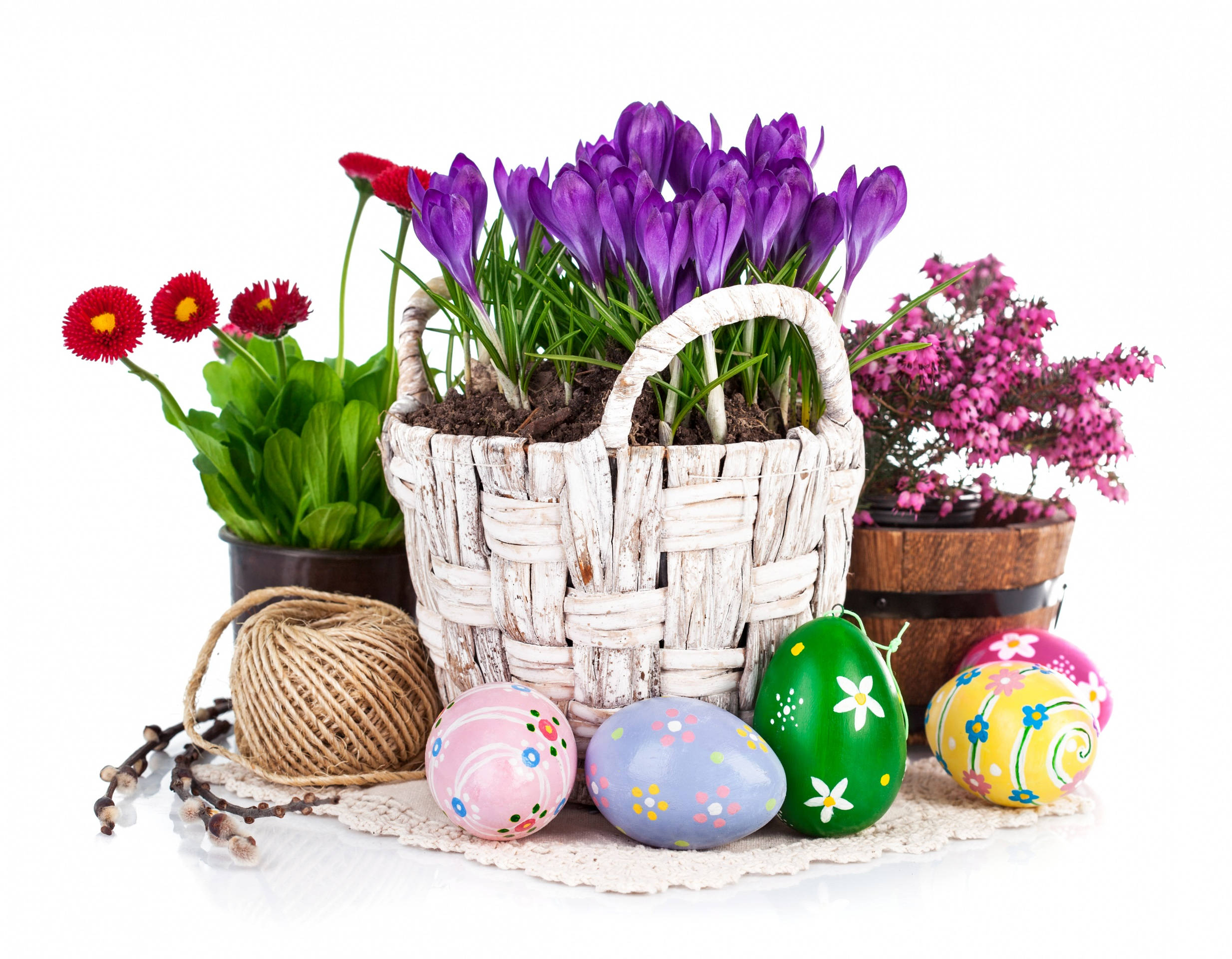 rustic white basket, purple crocuses, painted Easter eggs, Full HD Desktop Wallpaper