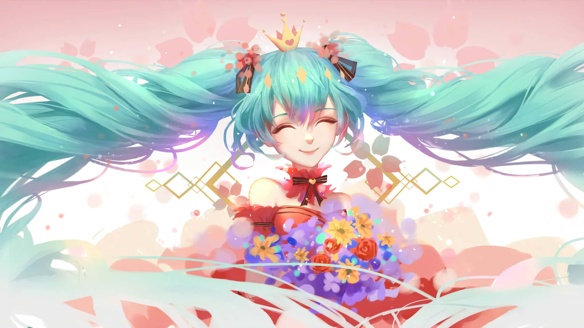 anime girl, turquoise twin tails, golden crown, Full HD Desktop Wallpaper