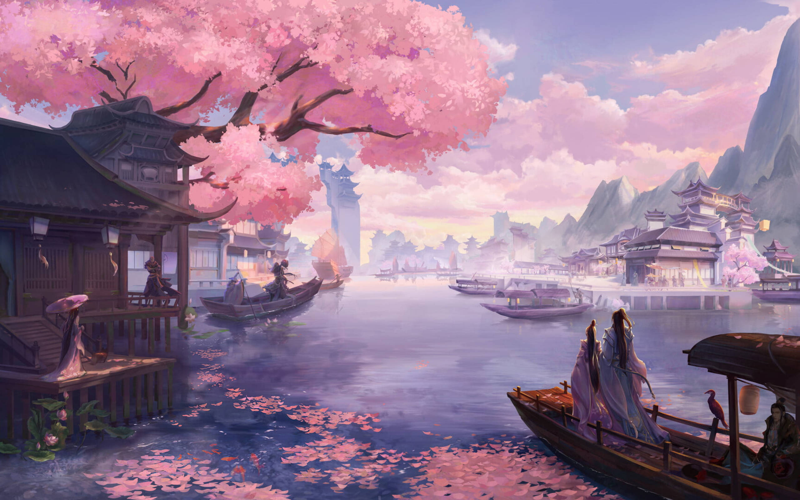 Aesthetic Fall, sakura blossoms, anime-style canal, 2K Desktop Wallpaper