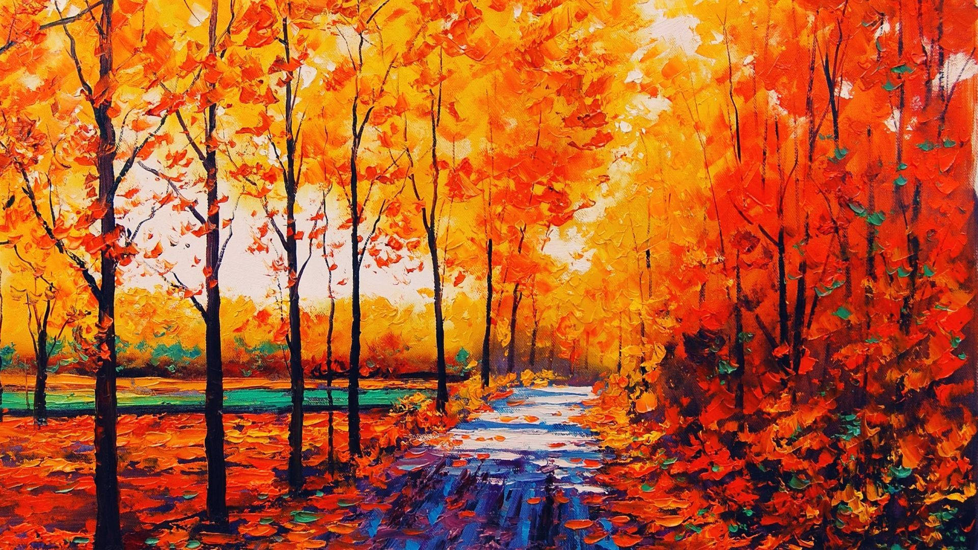 Aesthetic Fall, oil painting, winding path, Full HD Desktop Wallpaper