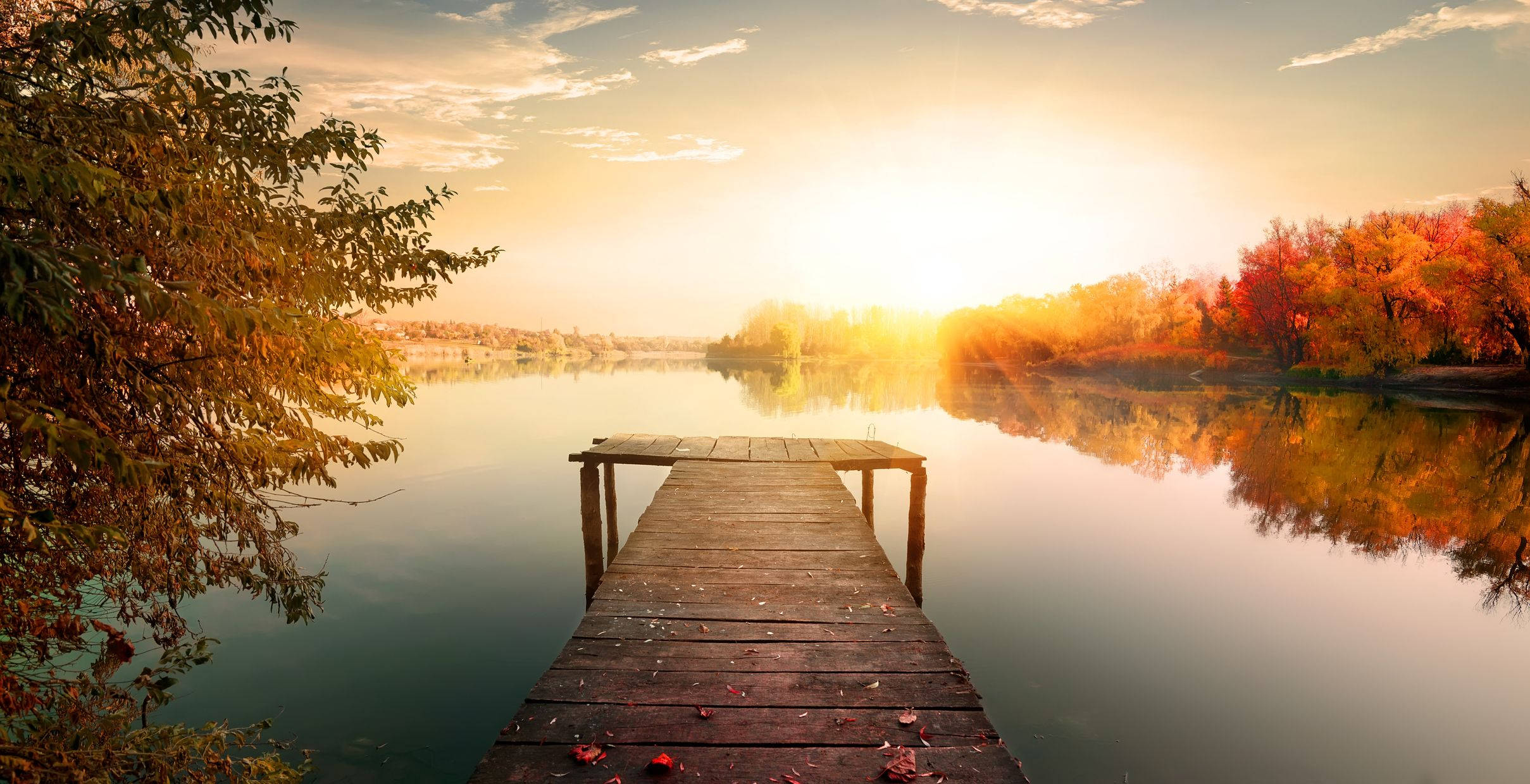Aesthetic Fall, lake dock, golden sunset, Full HD Desktop Wallpaper