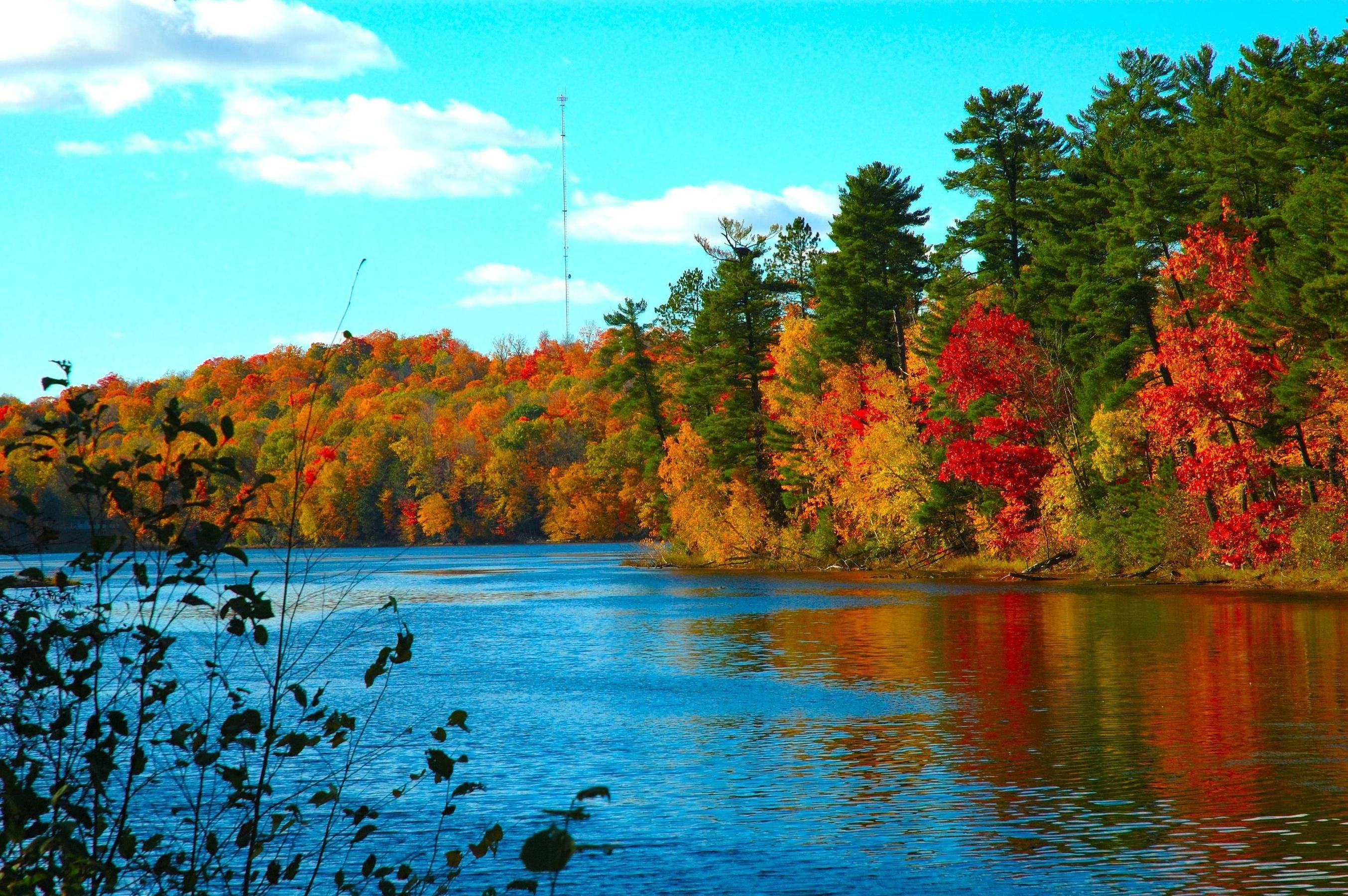 Aesthetic Fall, lake, fiery red orange, 2K Desktop Wallpaper