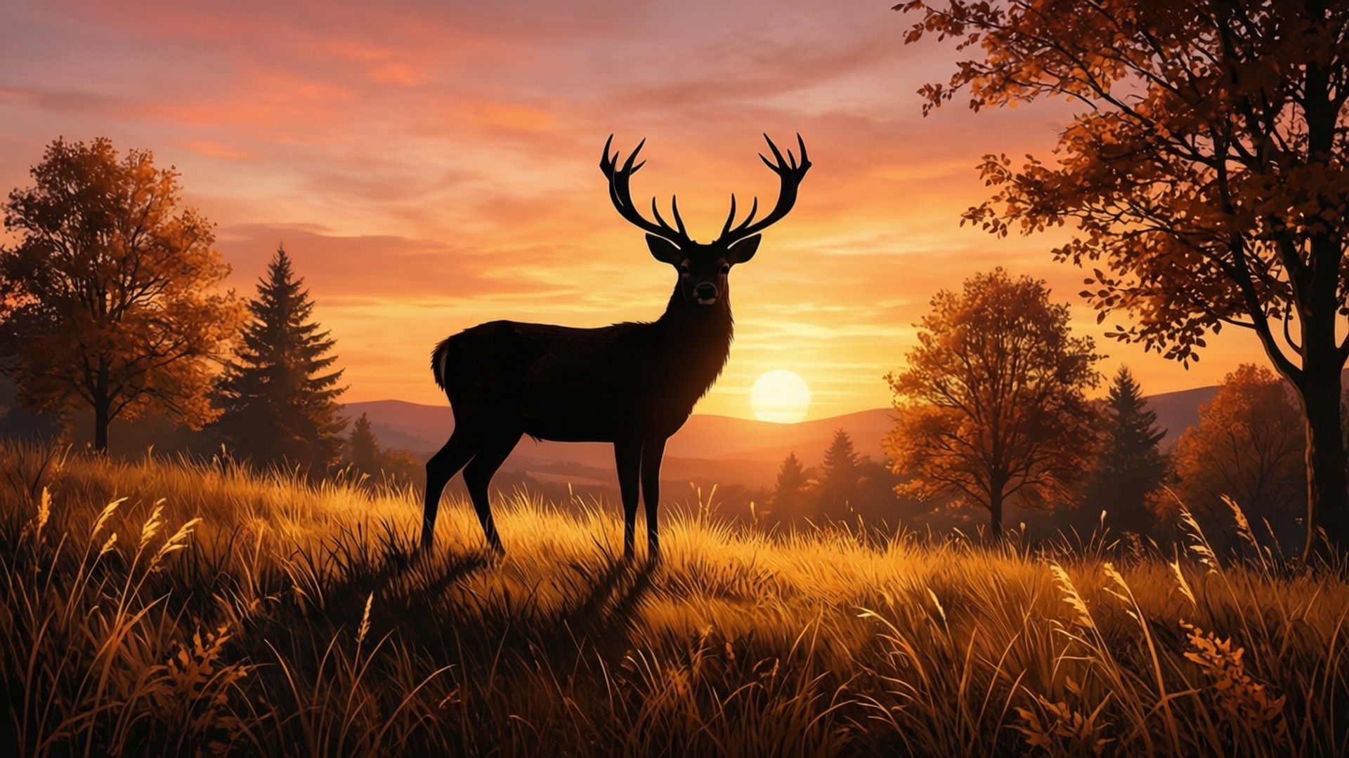 deer silhouette, sunset, tall grass, Full HD Desktop Wallpaper