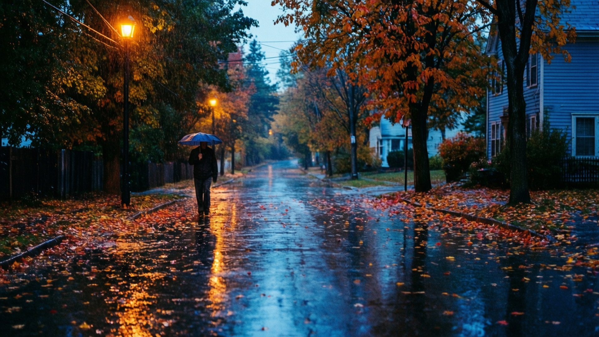rain-slicked autumn street, glowing streetlamp, fallen orange leaves, Full HD Desktop Wallpaper