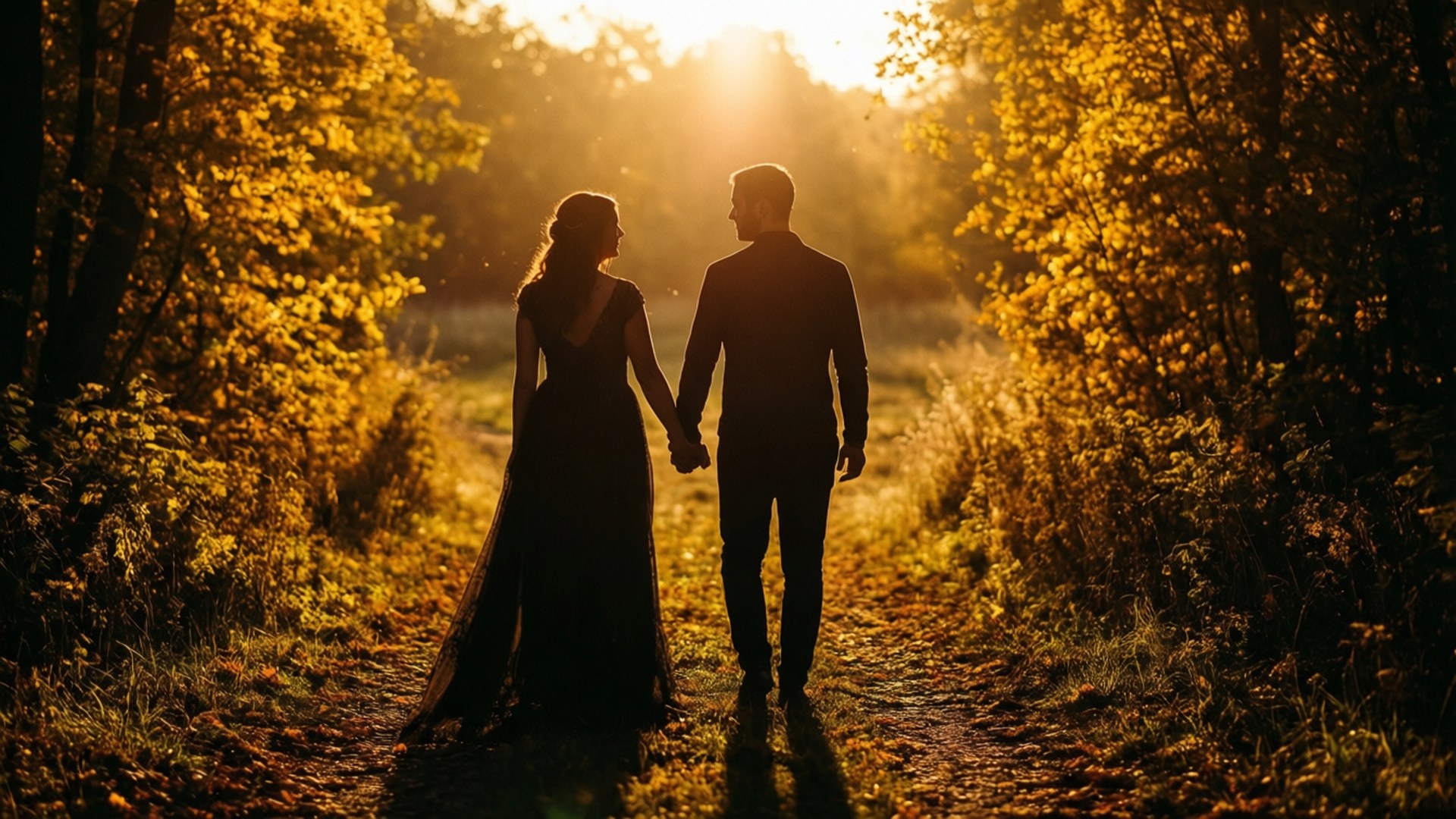 couple, sunlit forest path, golden hour, Full HD Desktop Wallpaper
