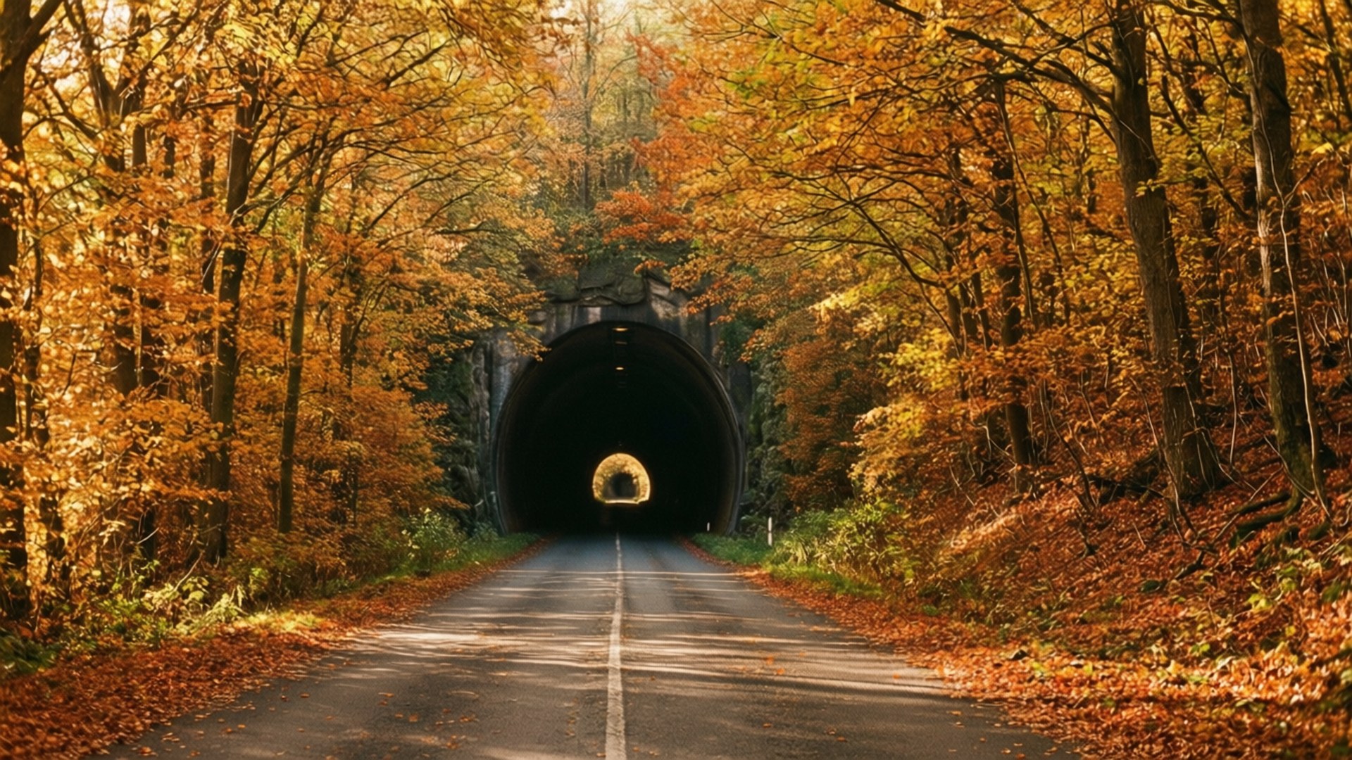 autumn road tunnel, golden autumn trees, dark stone tunnel, Full HD Desktop Wallpaper