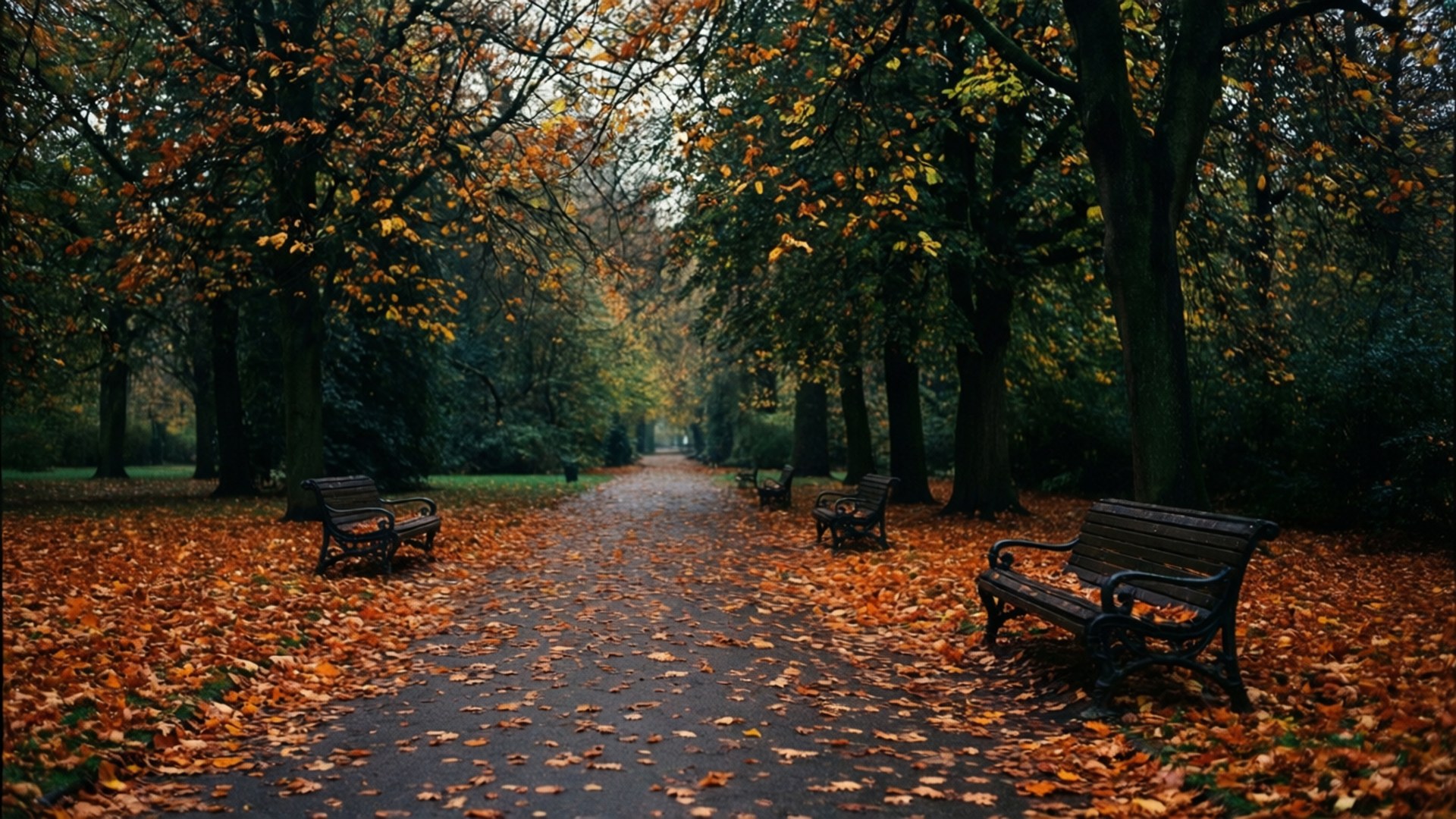 autumn park path, wet autumn path, benches, Full HD Desktop Wallpaper