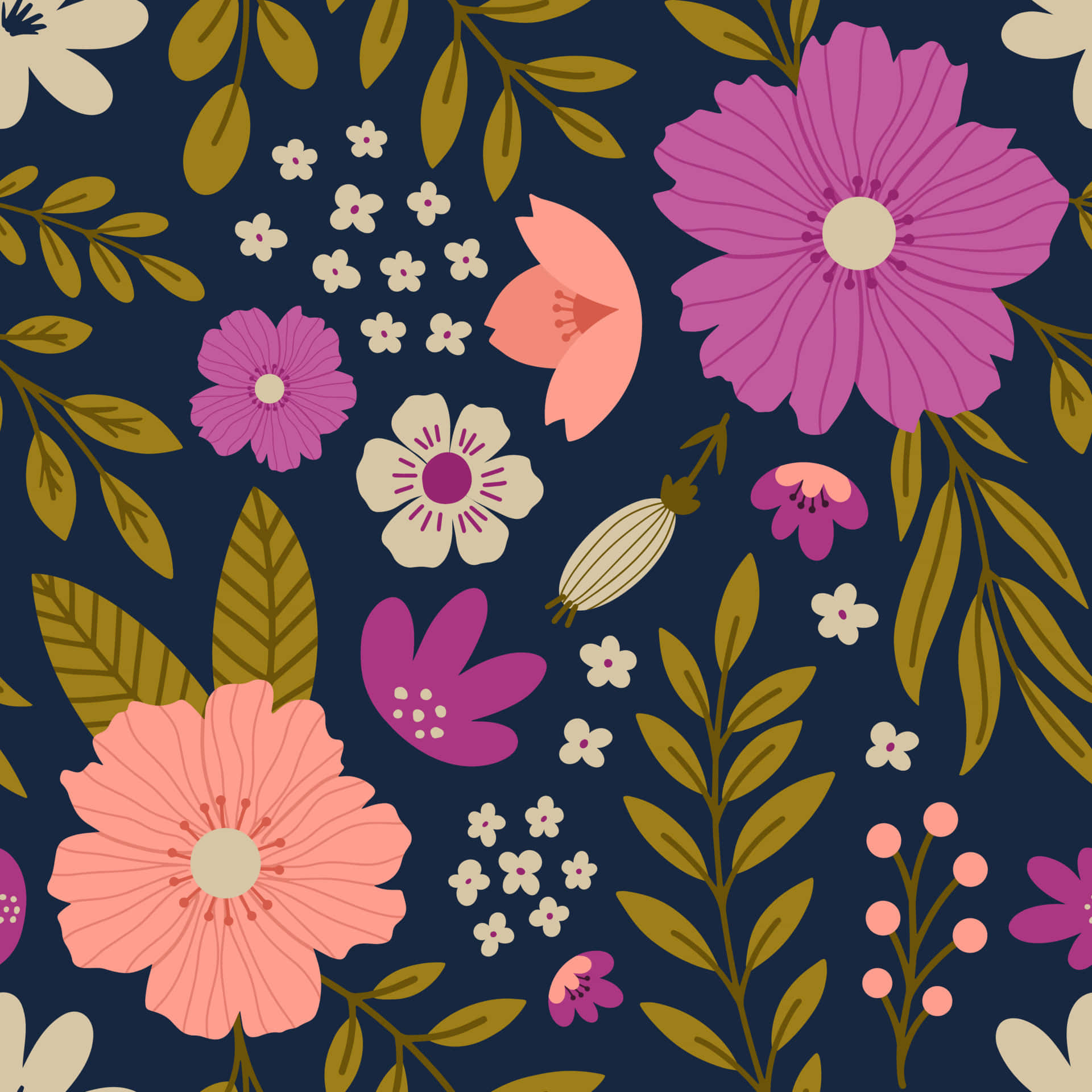floral pattern, pink and purple flowers, gold, Full HD Desktop Wallpaper