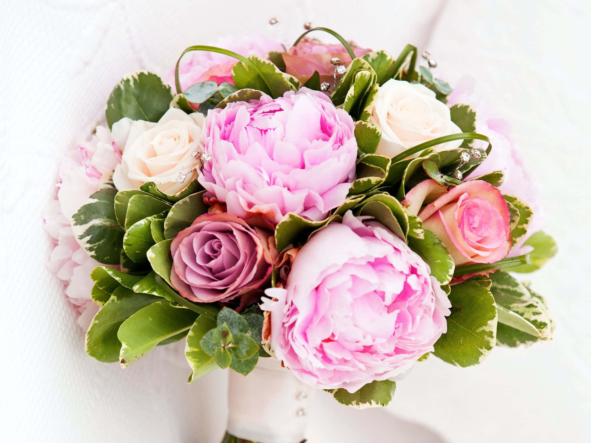 pink peonies, roses, green leaves, Full HD Desktop Wallpaper