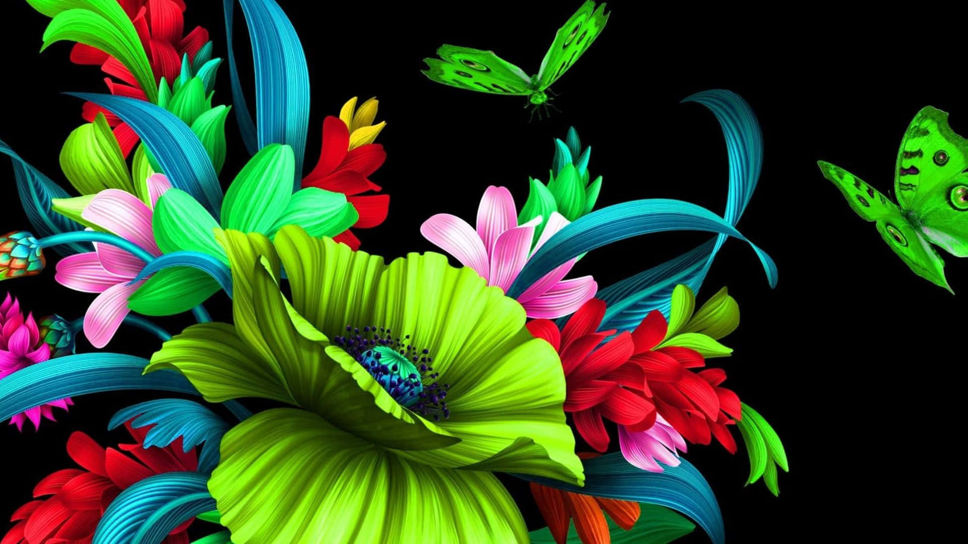 vibrant neon flowers, butterflies, stark black background, Full HD Desktop Wallpaper