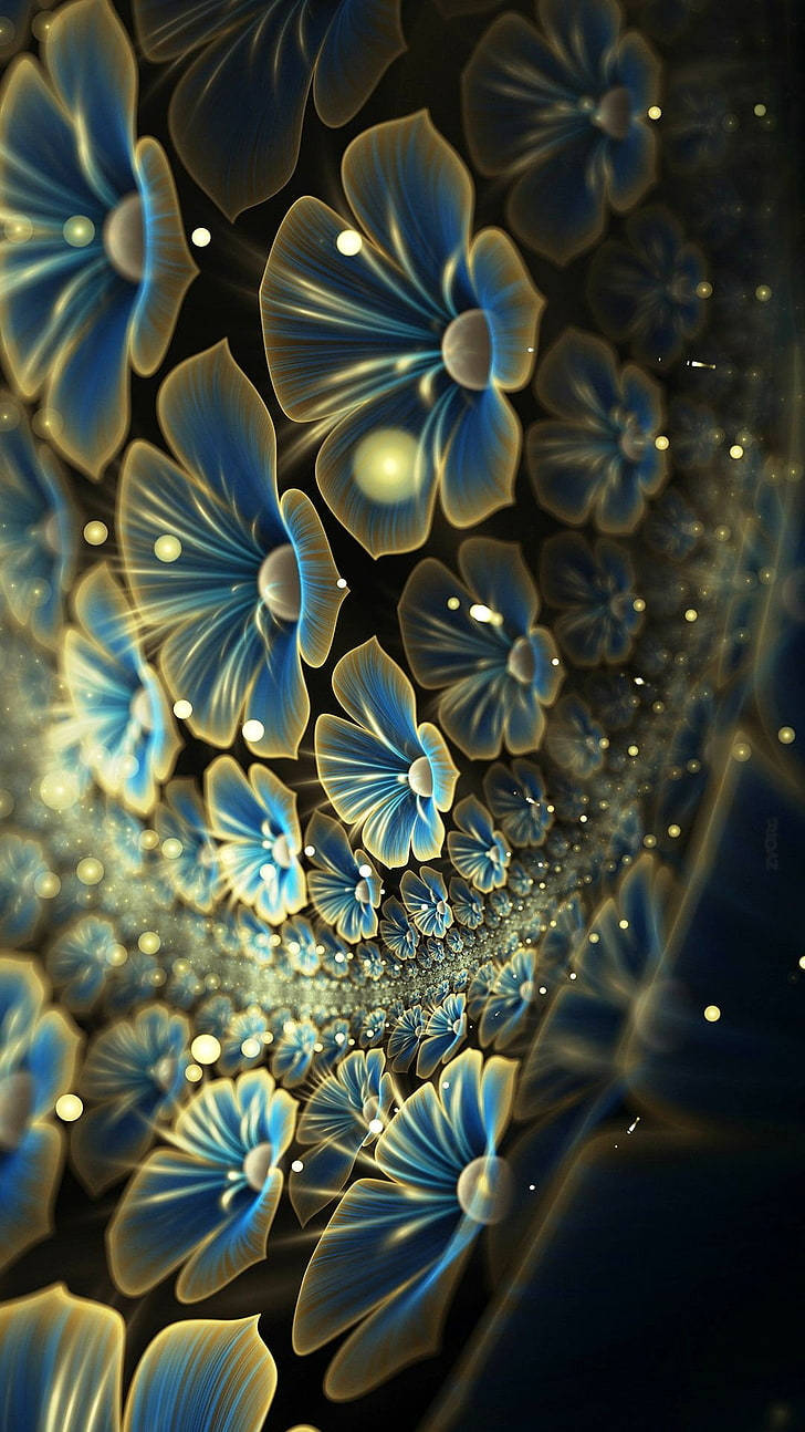 Sparkles And Blue Flower iPhone, glowing blue fractal flowers, golden centers, HD Phone Wallpaper