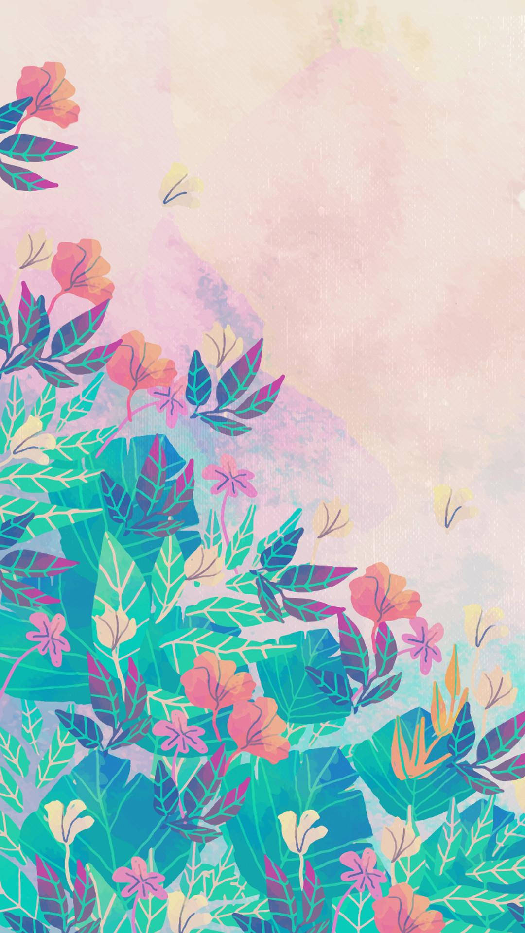 aesthetic plant art iphone, tropical foliage, pink orange flowers, Full HD Phone Wallpaper