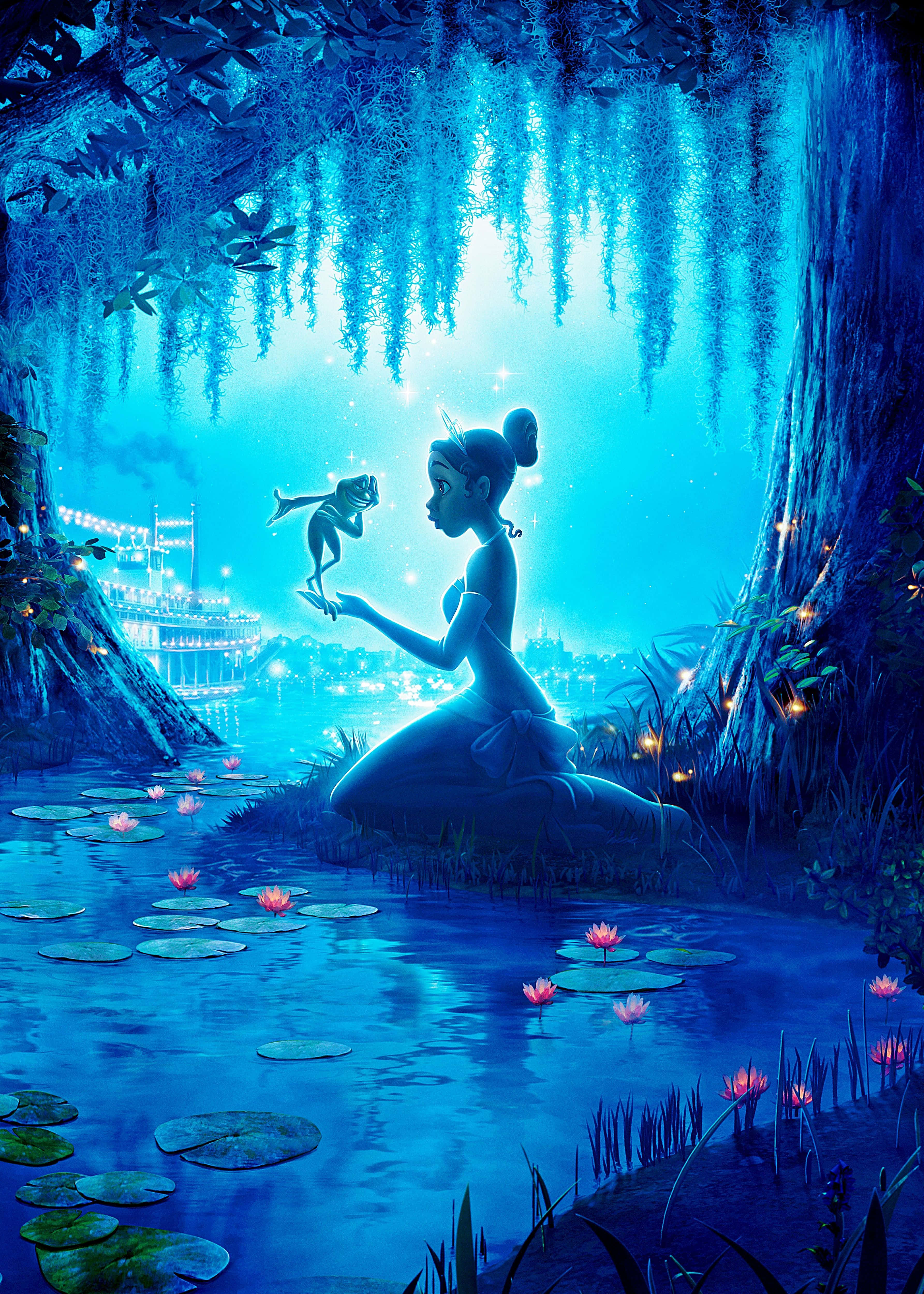 Aesthetic Frog, glowing blue pond, hanging vines, 4K Phone Wallpaper