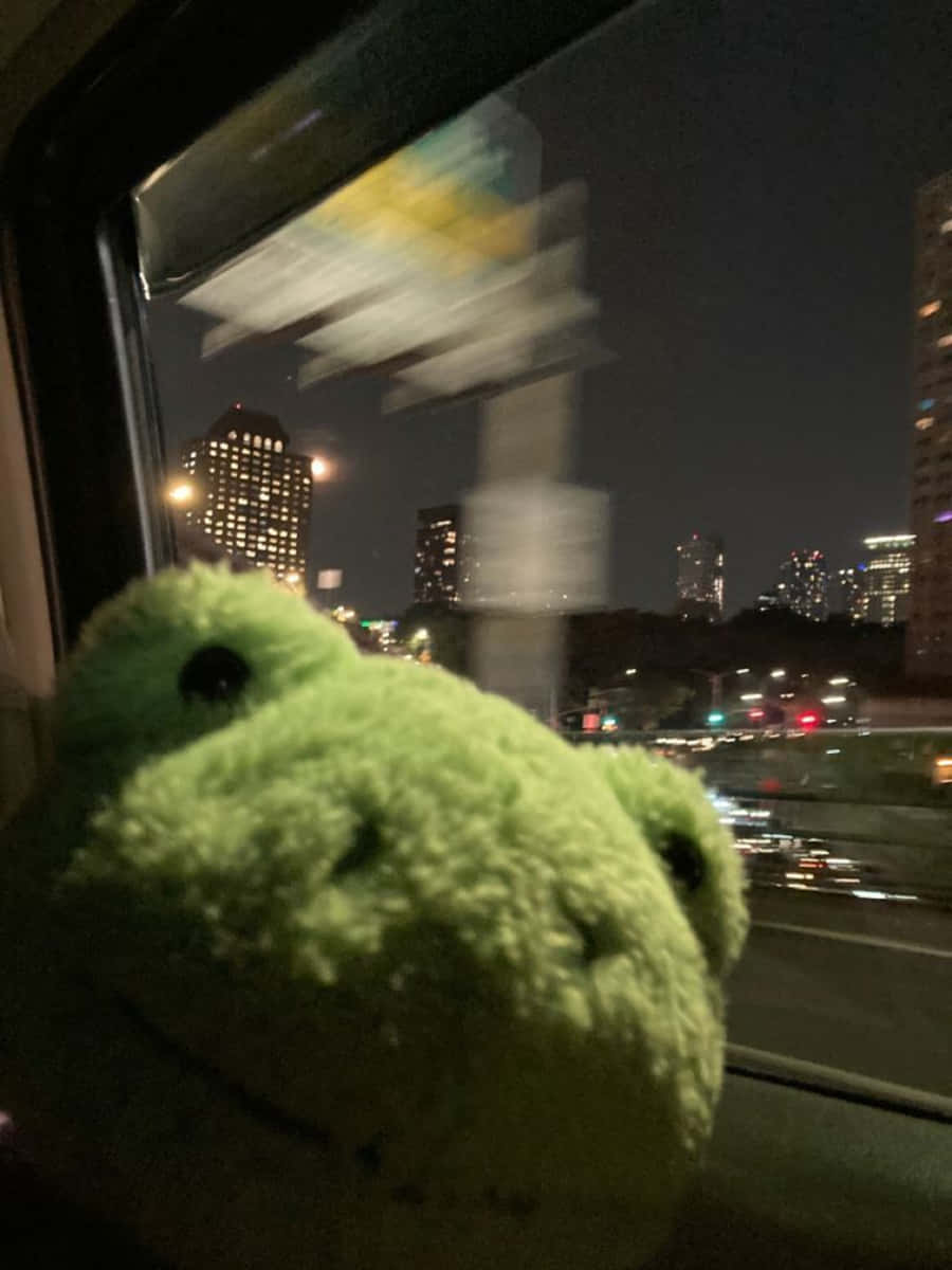 aesthetic frog, fuzzy green plush frog, train window, SD Phone Wallpaper