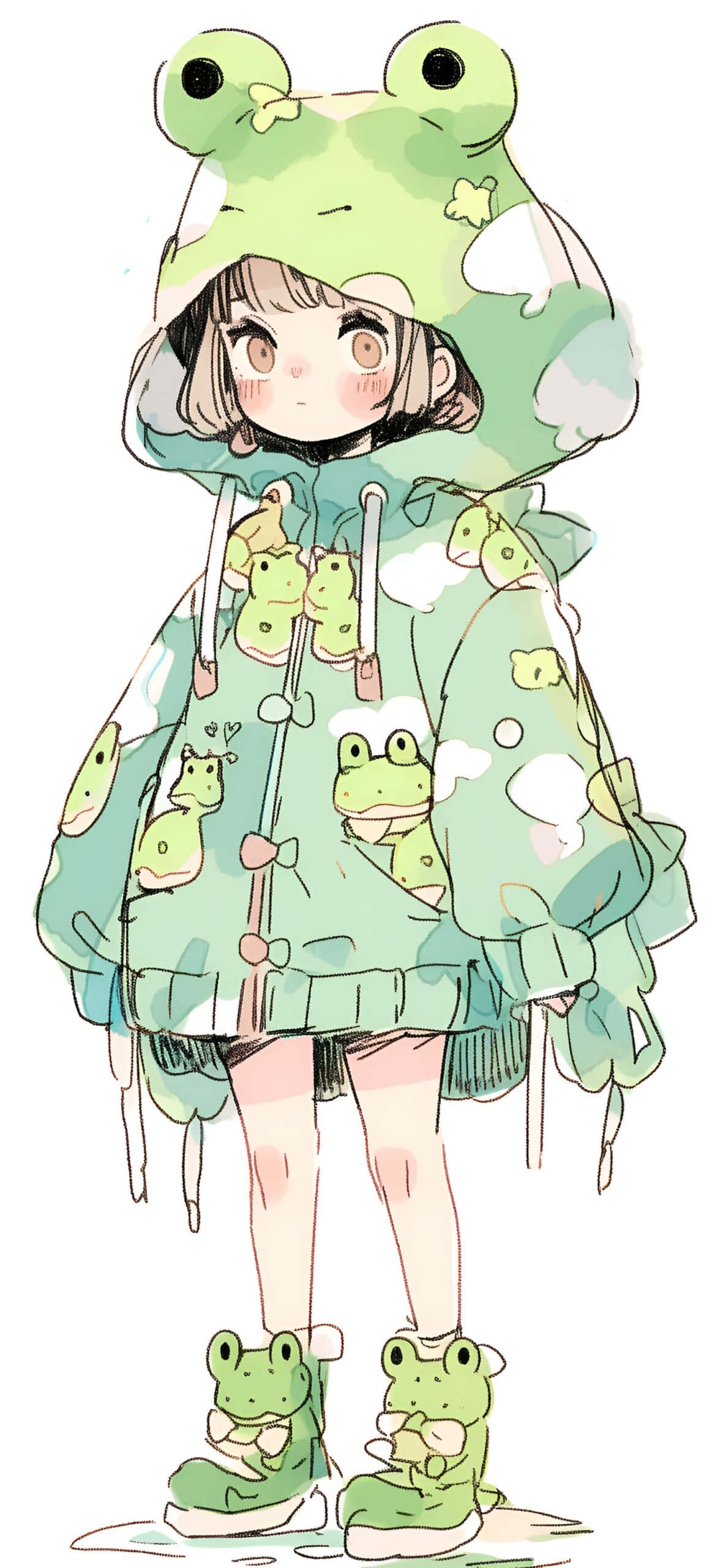 anime girl, frog-themed hoodie, matching boots, 2K Phone Wallpaper
