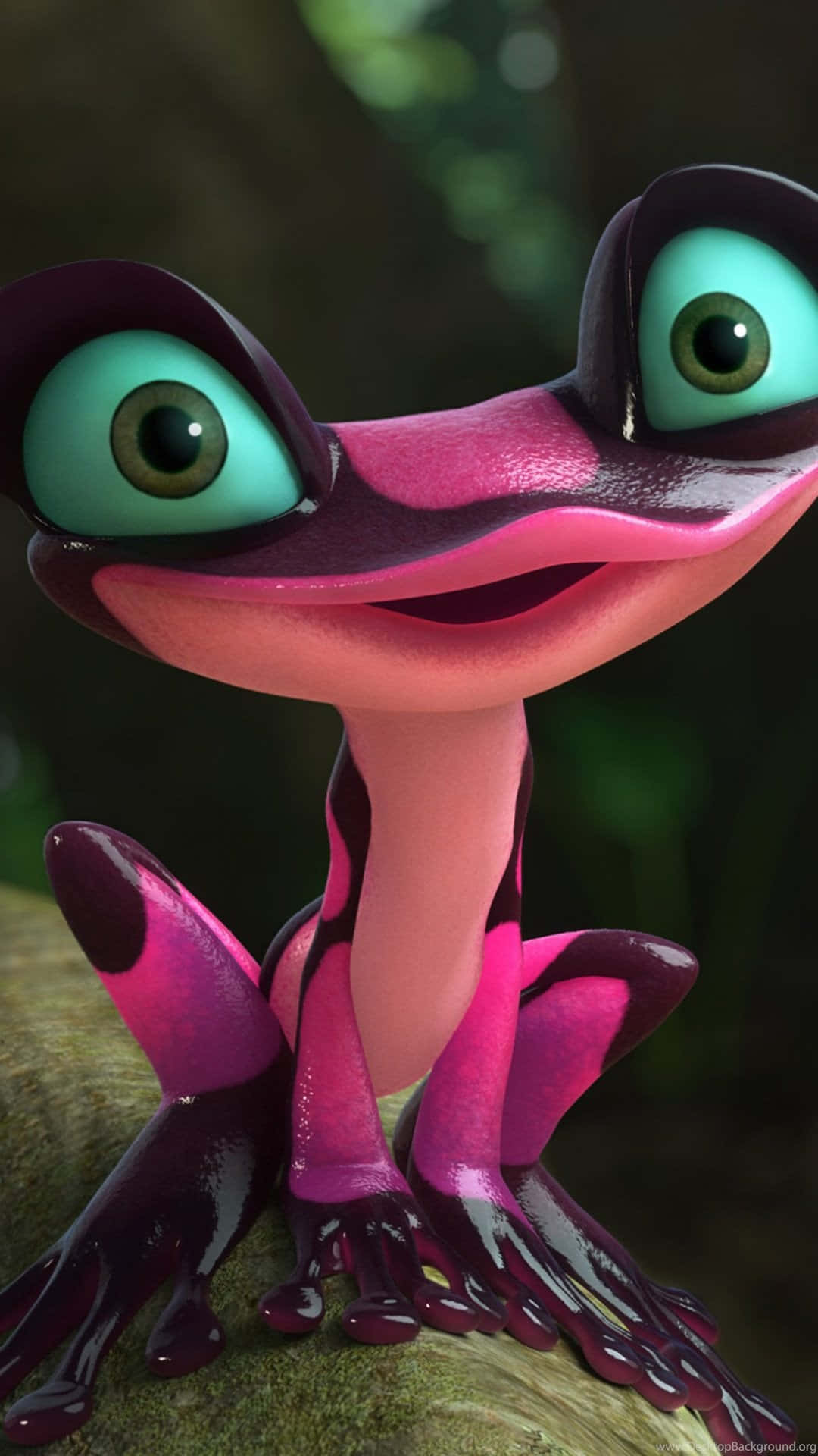 animated cute frog smiling, pink and purple stripes, huge teal eyes, Full HD Phone Wallpaper