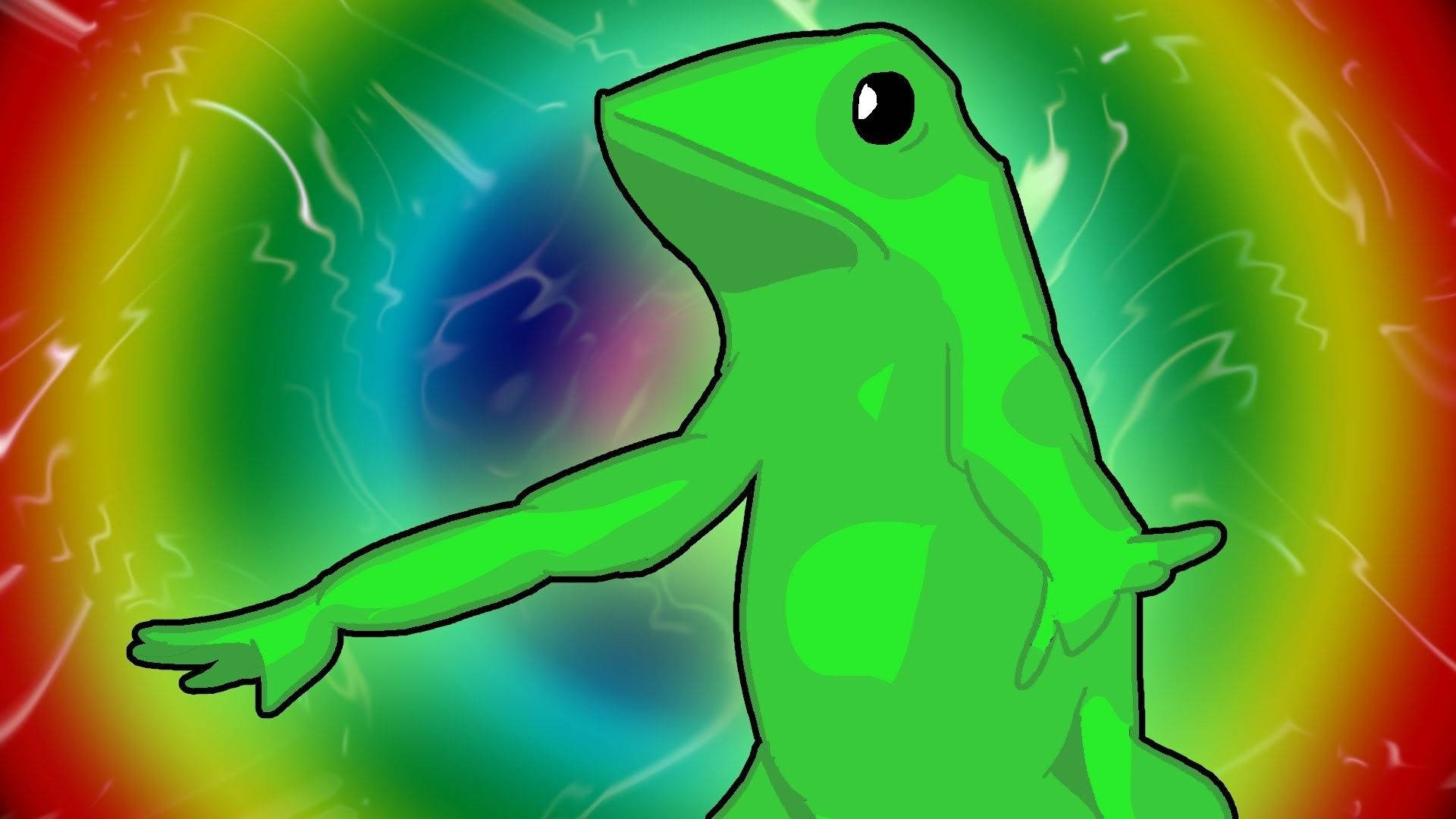 rainbow frog meme, bright green cartoon frog, swirling rainbow background, Full HD Desktop Wallpaper