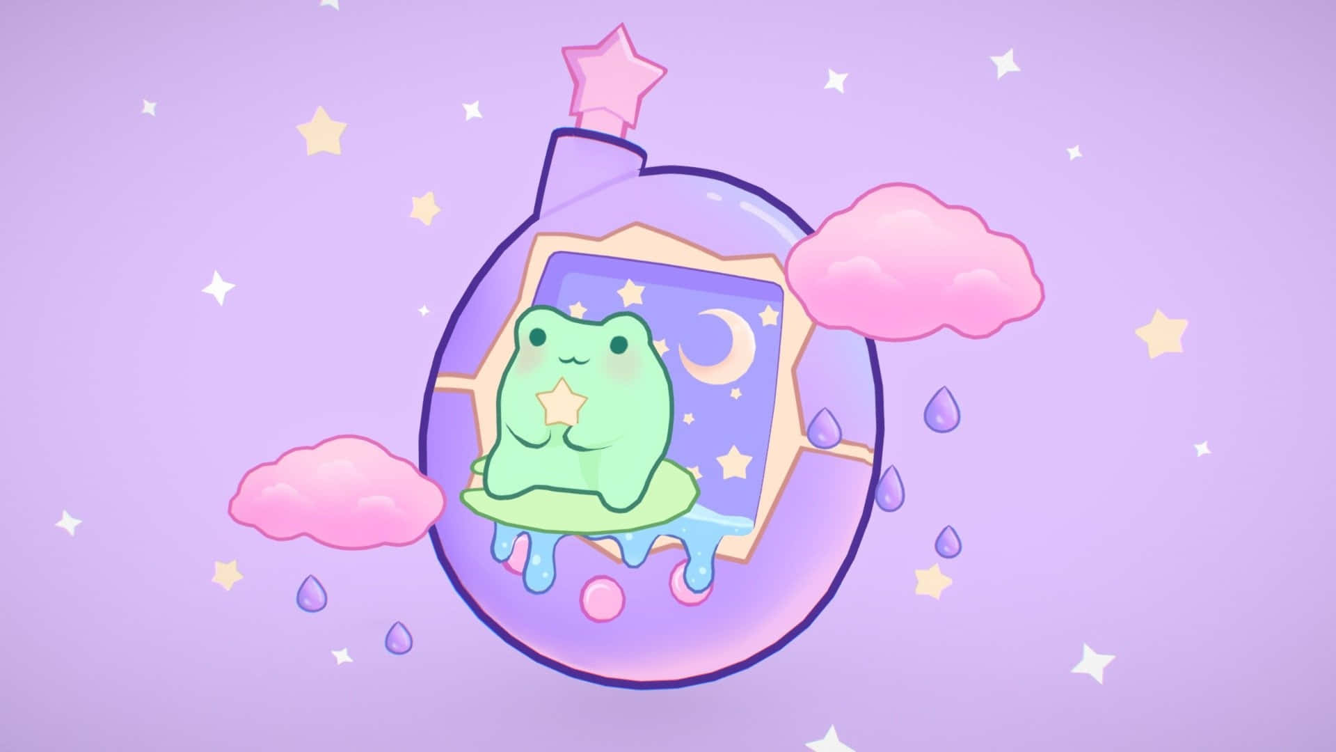 cute frog tamagotchi design, green frog, purple bottle with a star cap, Full HD Desktop Wallpaper