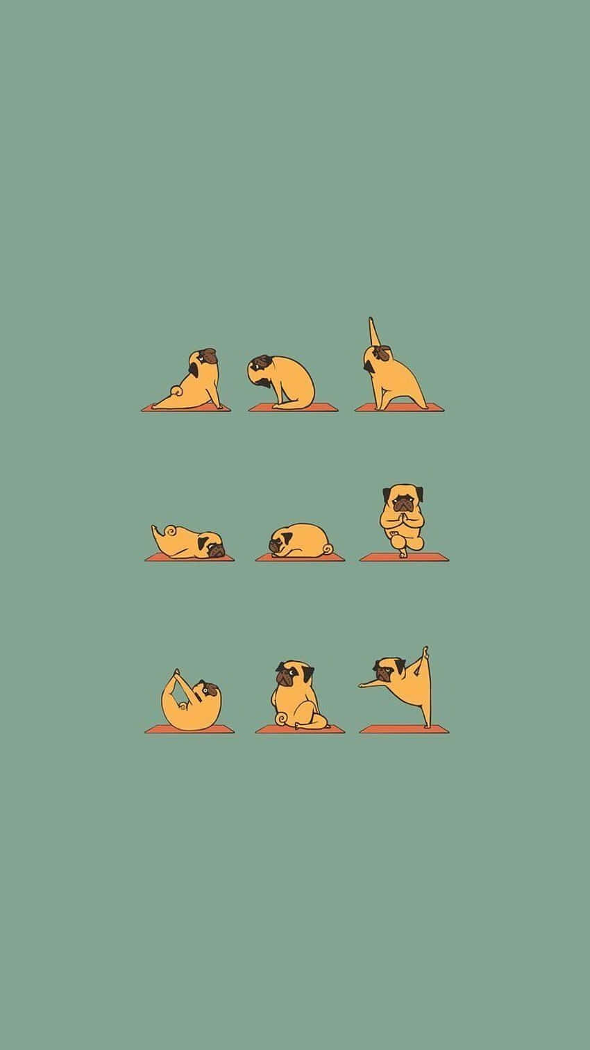 pugs, cartoon style, yoga poses, HD Phone Wallpaper