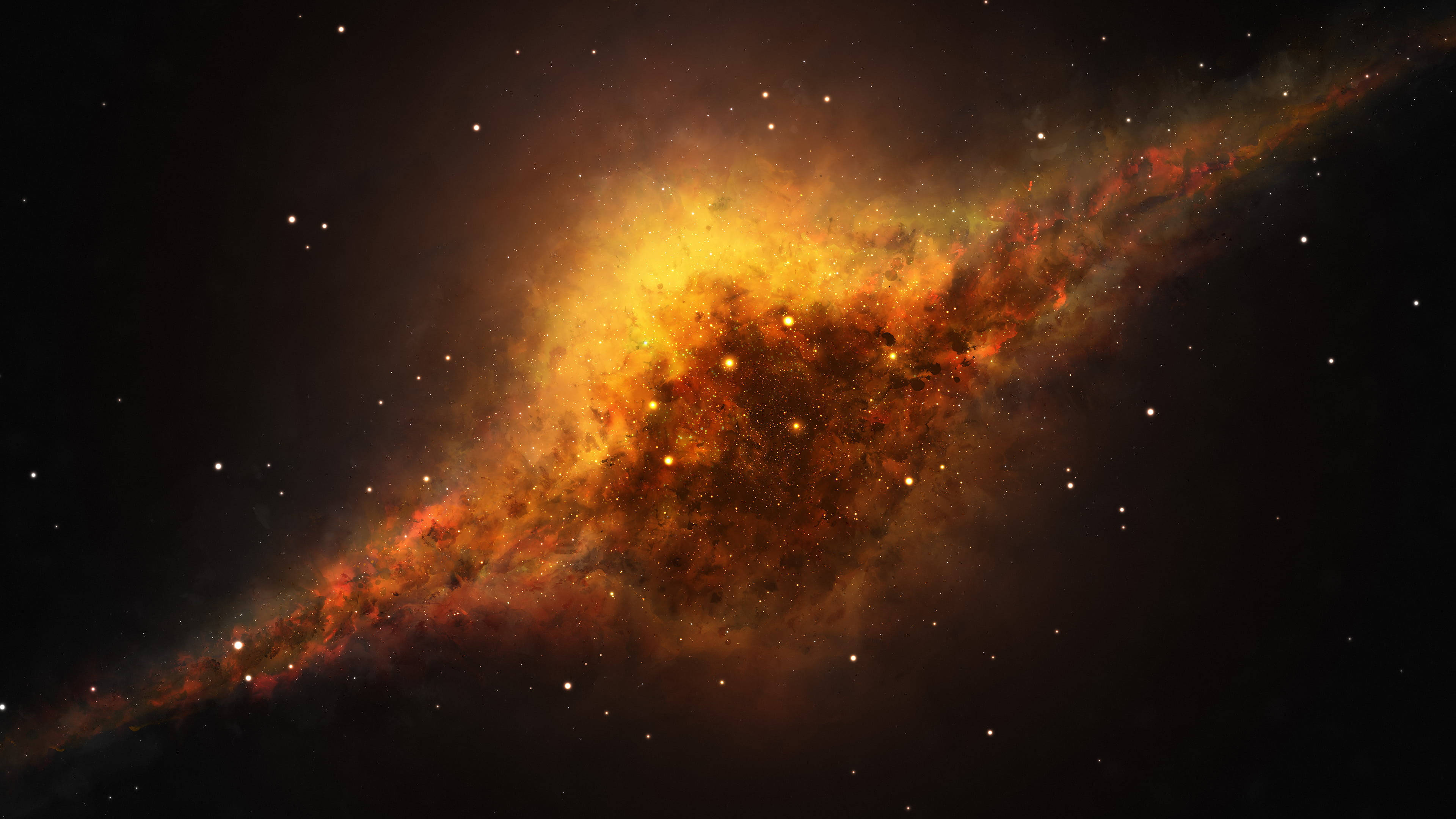 spiral galaxy, fiery orange, yellow nebulae, 4K Desktop Wallpaper