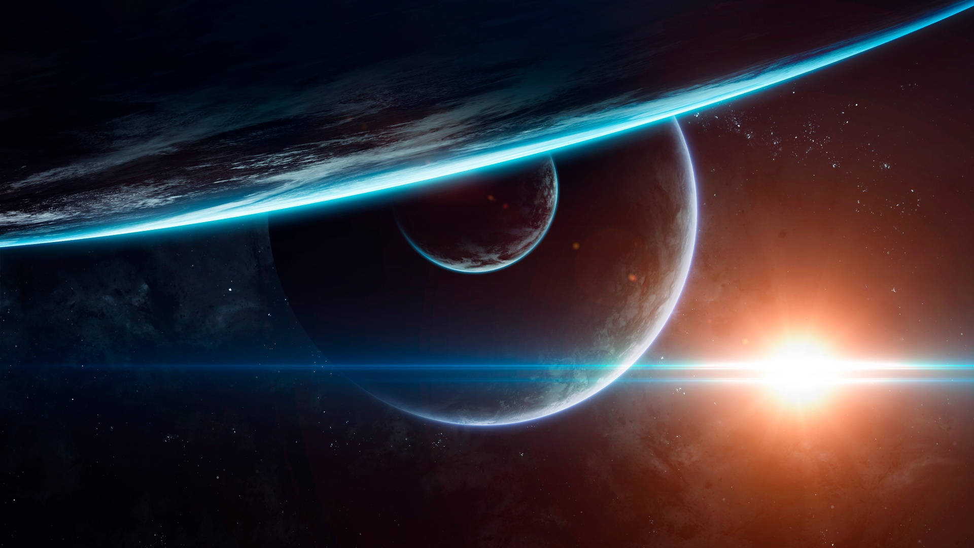 Aesthetic Galaxy, planets aligned, glowing blue atmospheric rim, Full HD Desktop Wallpaper