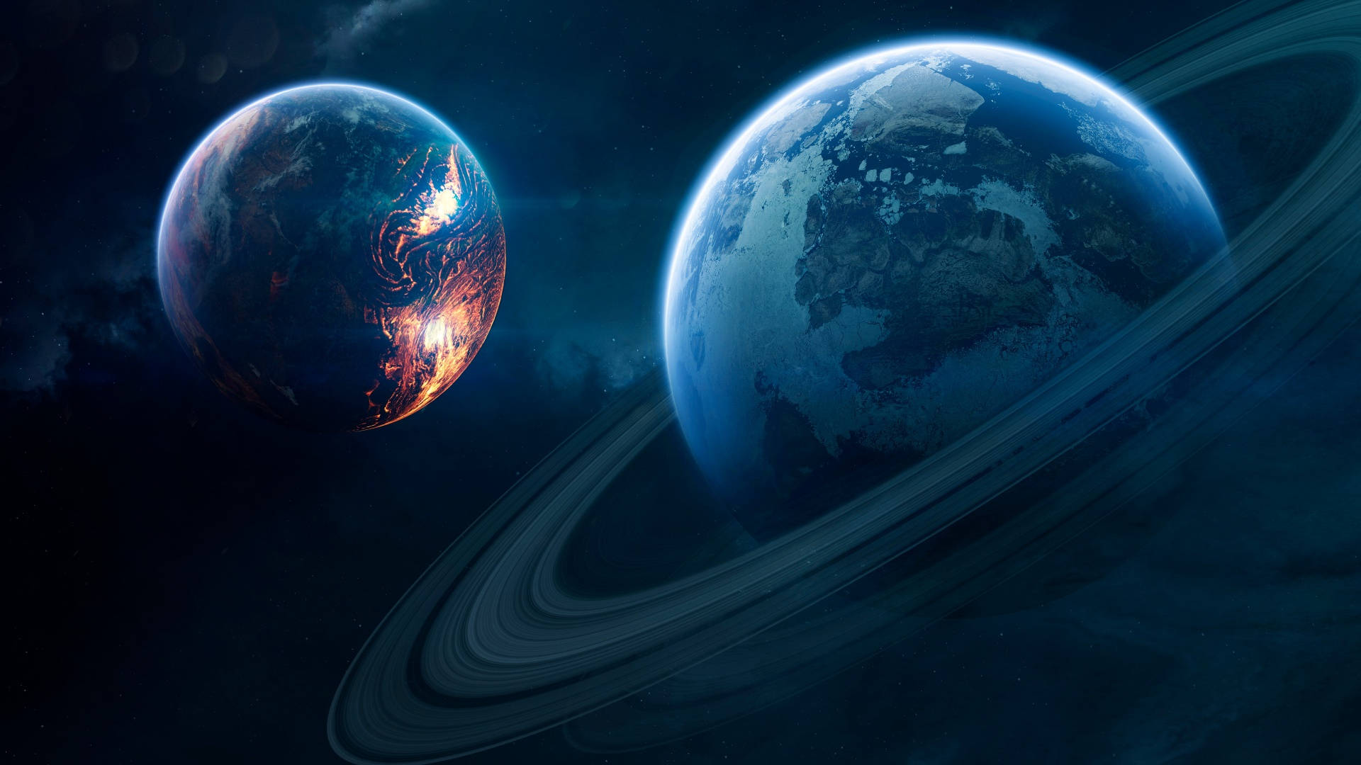 Aesthetic Galaxy, Earth-like planets, city lights, Full HD Desktop Wallpaper