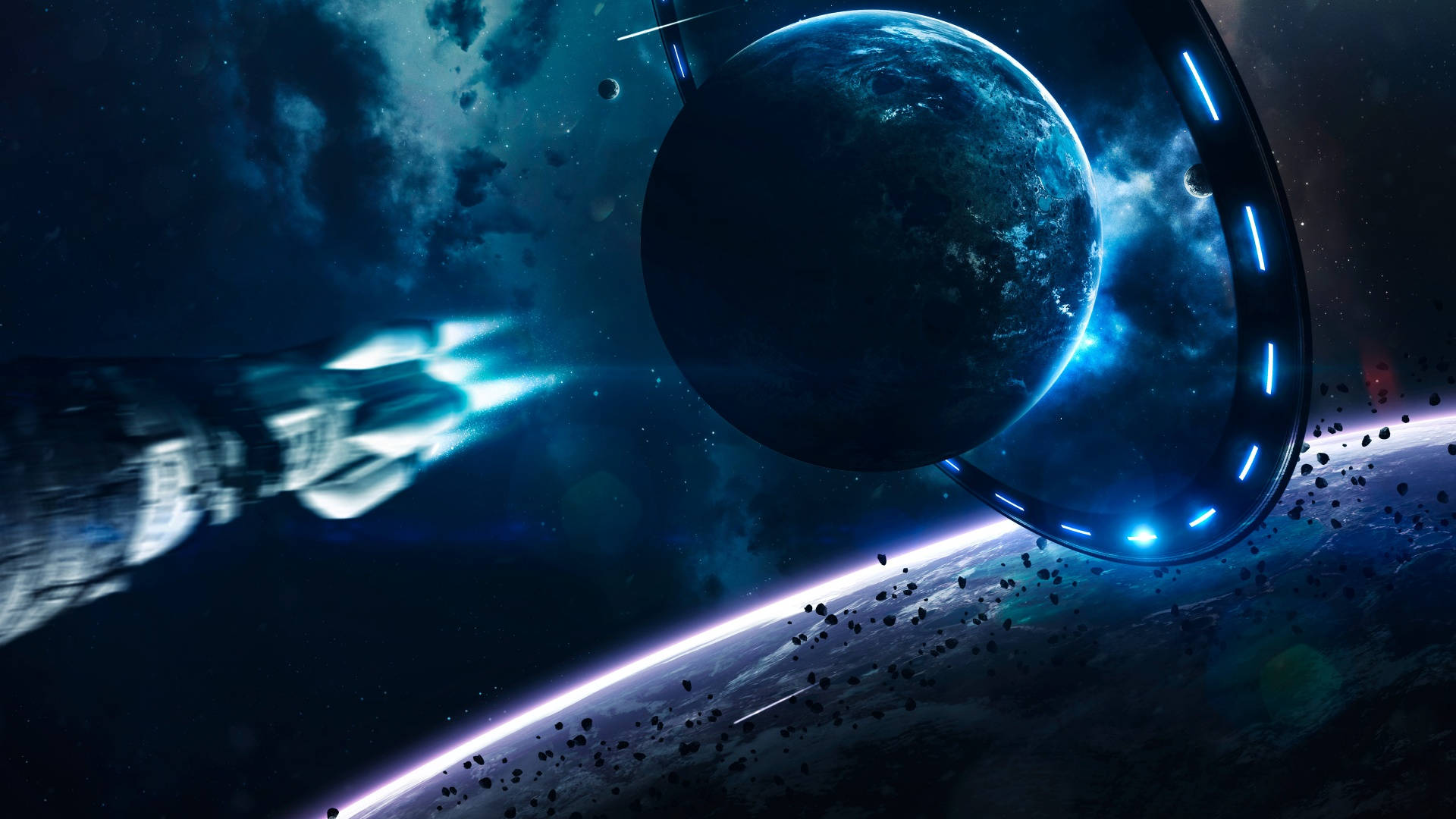 Aesthetic Galaxy, glowing blue planet, rings, Full HD Desktop Wallpaper