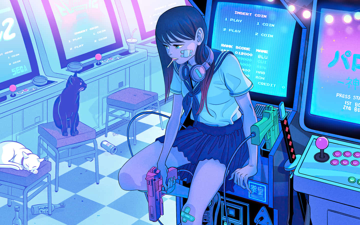 anime girl, headphones, game machine, HD Desktop Wallpaper