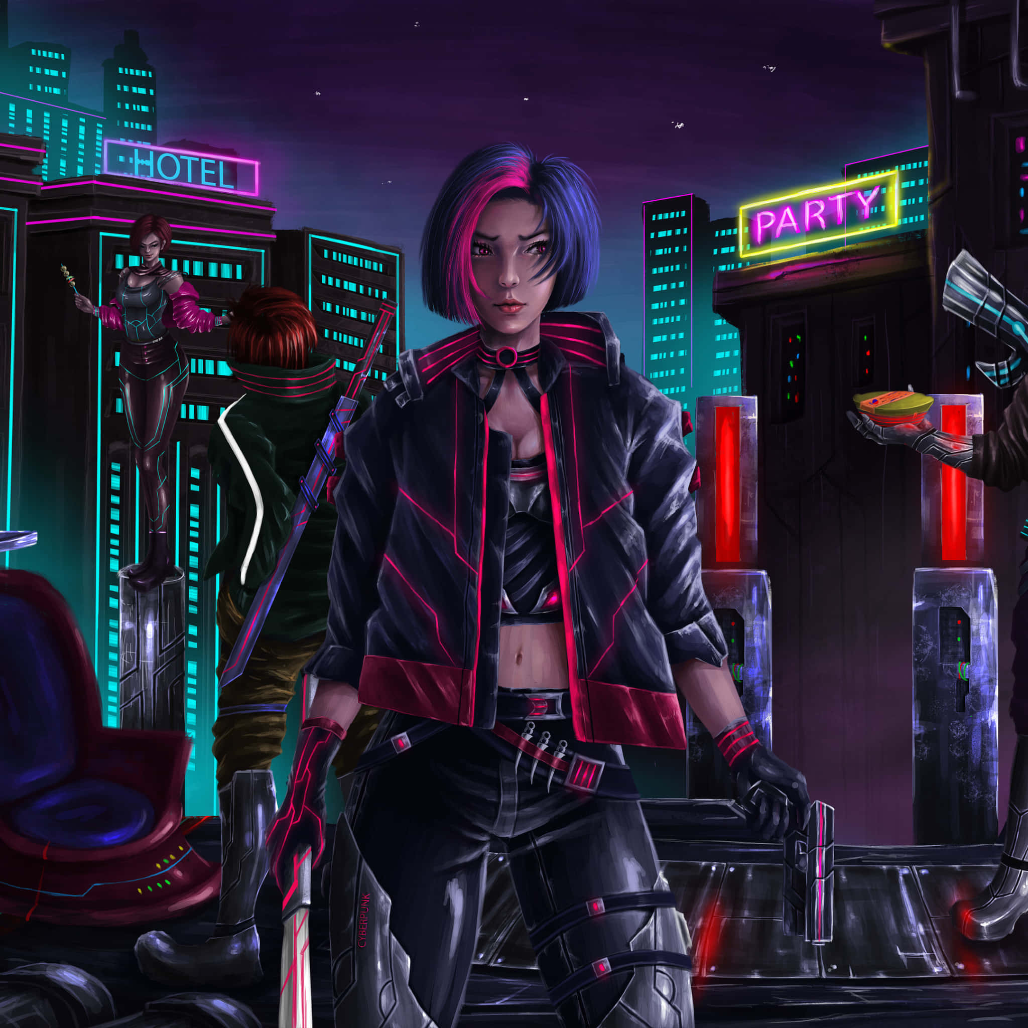 Aesthetic Gaming, cyberpunk woman, pink and blue hair, Full HD Desktop Wallpaper