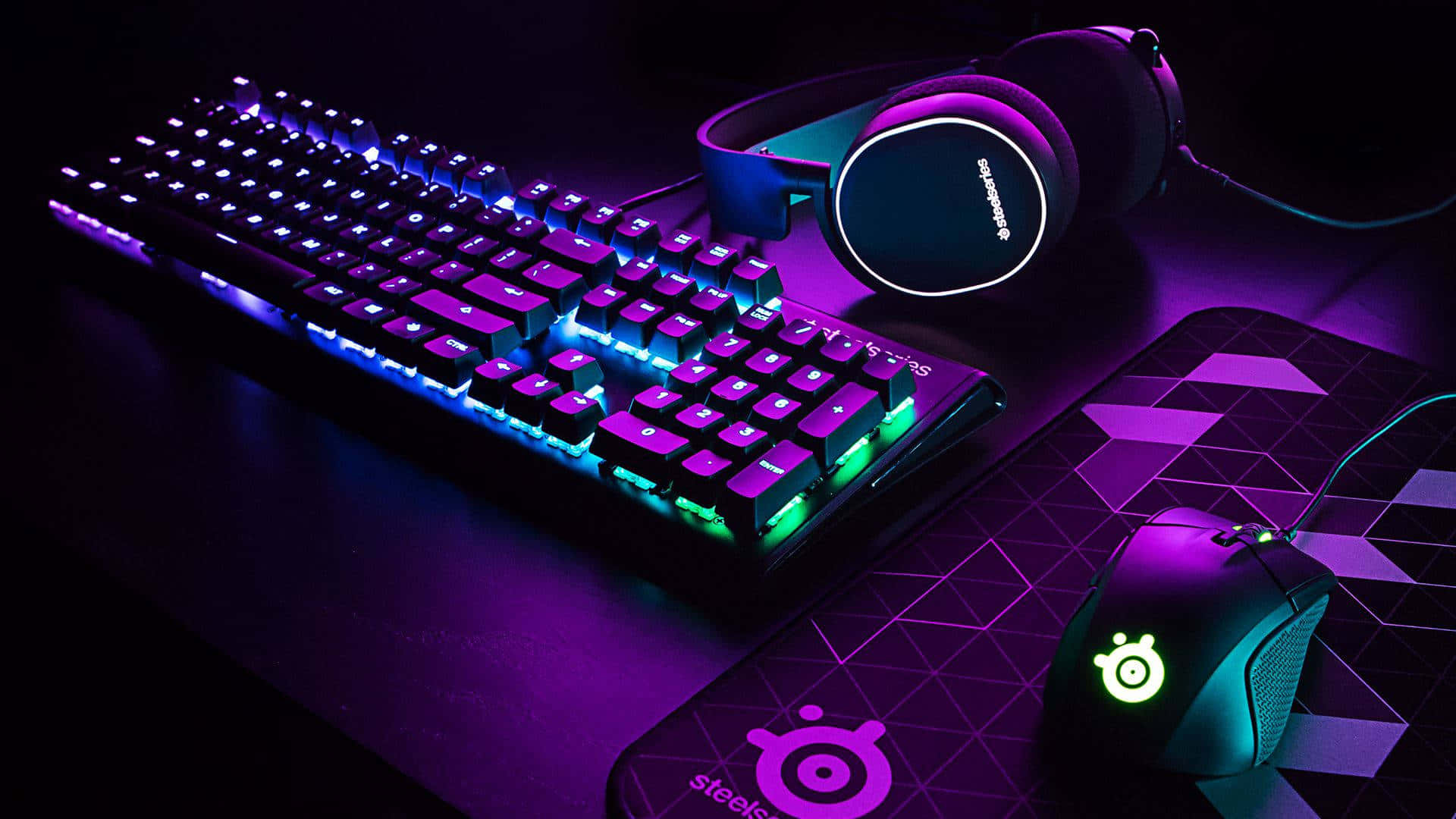 neon purple, blue light, glowing keyboard, Full HD Desktop Wallpaper