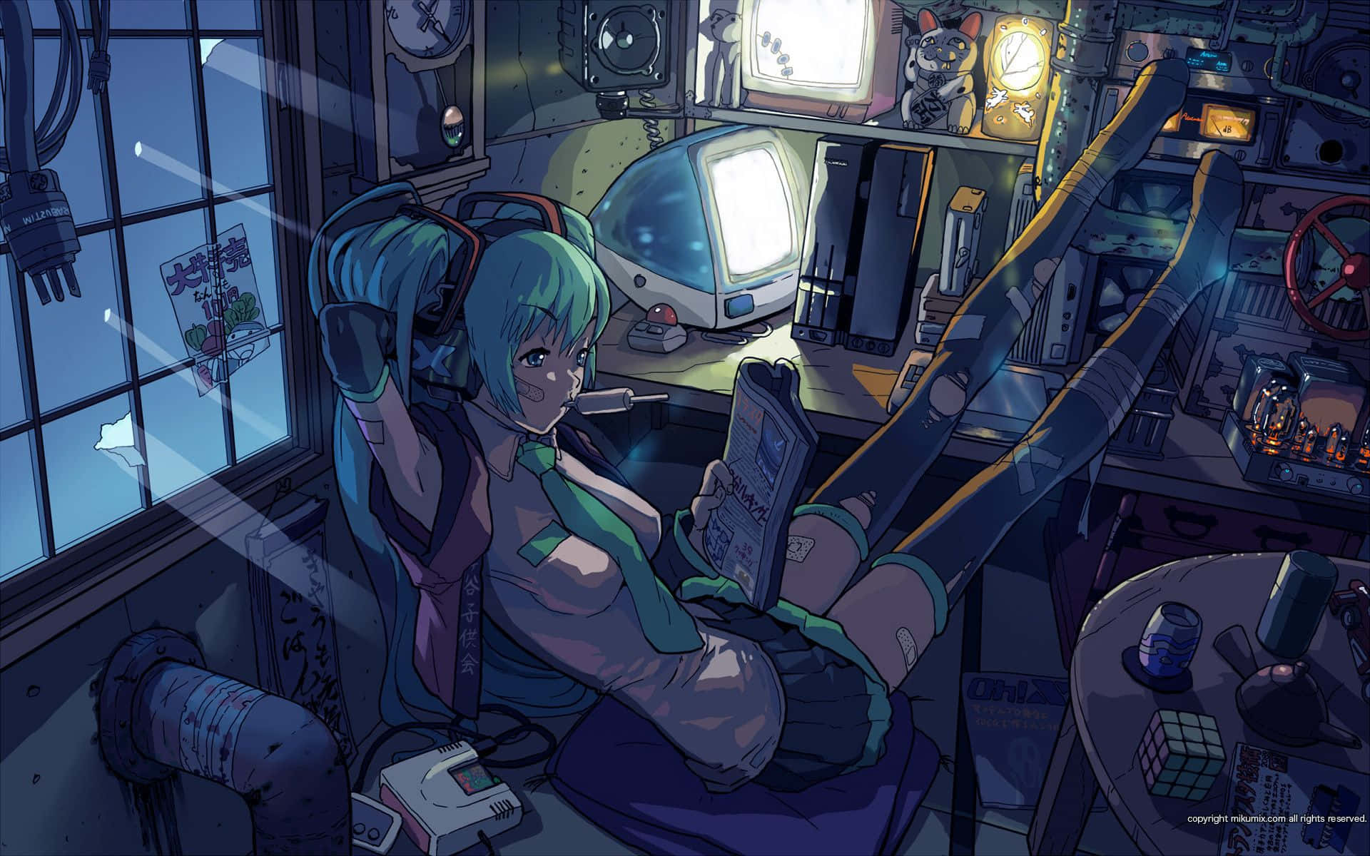 teal-haired anime girl, cluttered retro tech room, glowing screens, Full HD Desktop Wallpaper