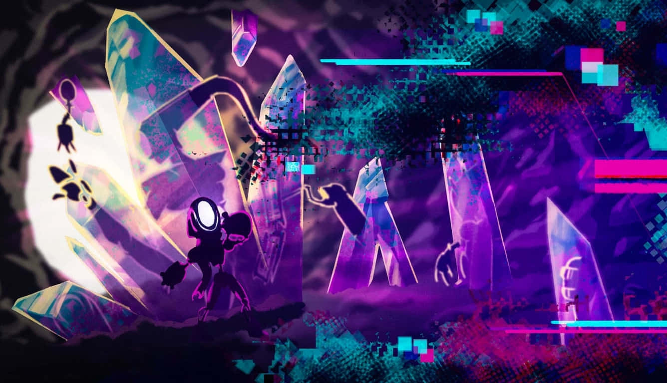 Aesthetic Gaming, glowing purple crystals, glitchy neon lines, HD Desktop Wallpaper