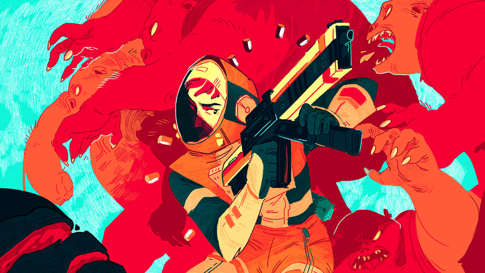 Aesthetic Gaming, orange armor, rifle, Full HD Desktop Wallpaper