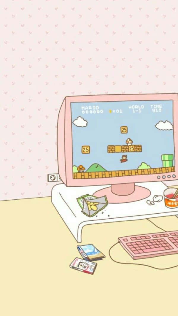 Aesthetic Gaming, pastel pink retro computer, classic Mario game, SD Phone Wallpaper