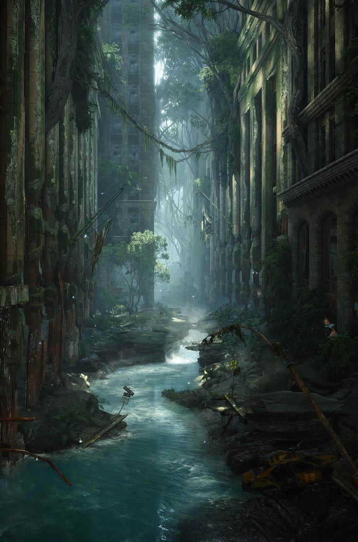 turquoise river, misty urban canyon, ancient buildings, SD Phone Wallpaper