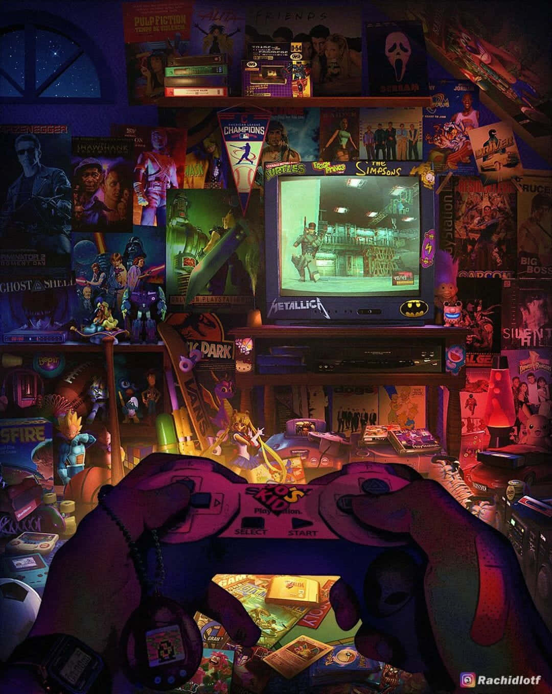retro gaming room, glowing TV, first person, HD Phone Wallpaper