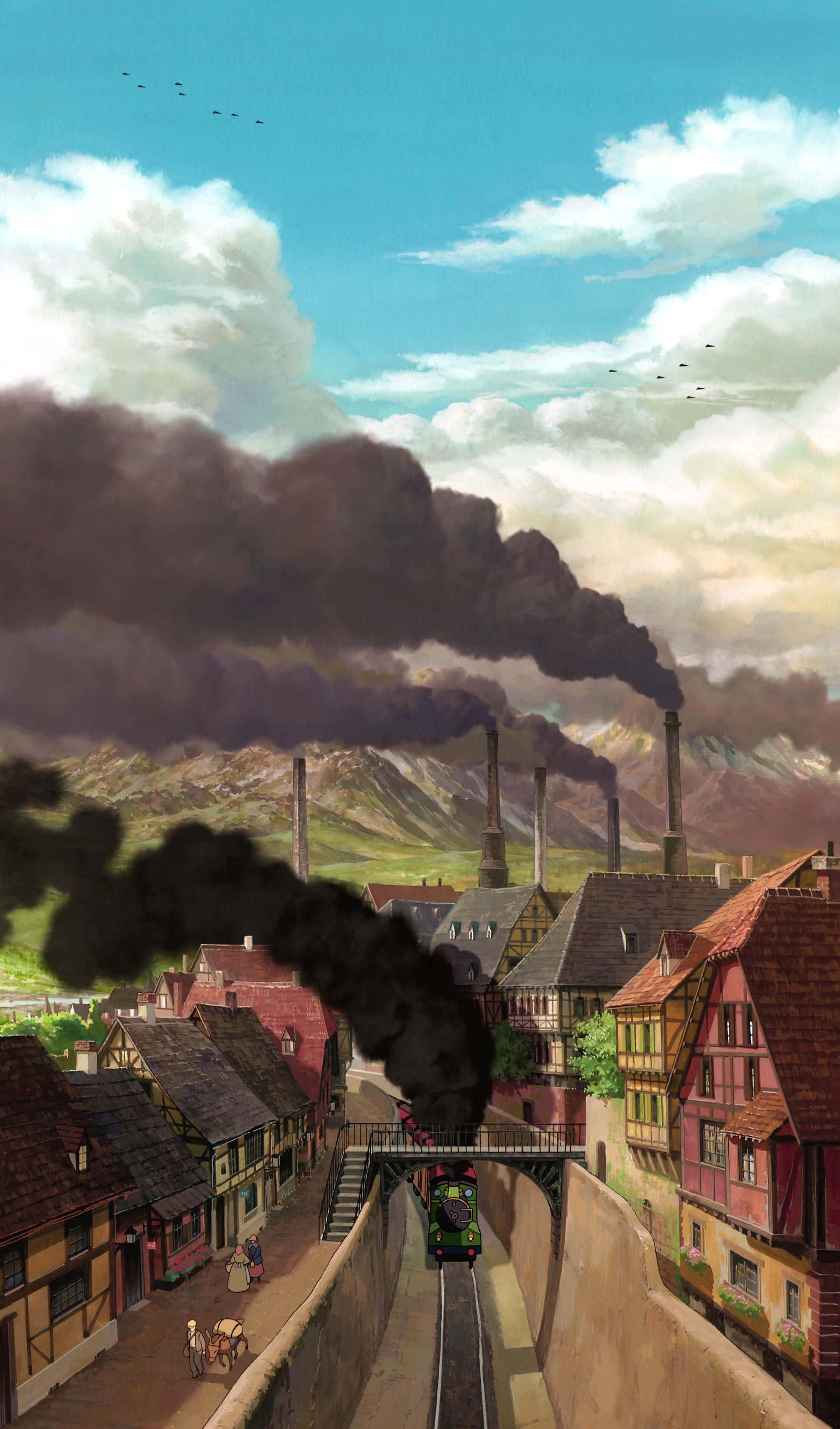 Aesthetic Ghibli, steam train, black smoke, 2K Phone Wallpaper