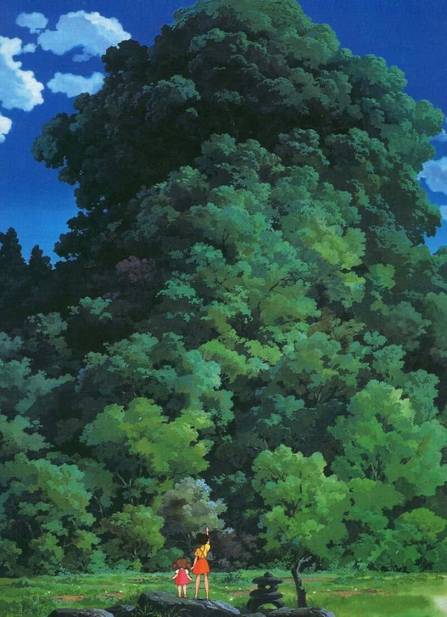 Aesthetic Ghibli, green tree, bright blue sky, SD Phone Wallpaper