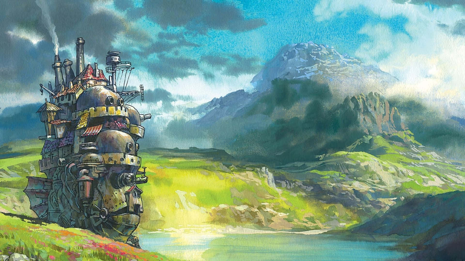 steampunk airship, grassy hill, lake, Full HD Desktop Wallpaper