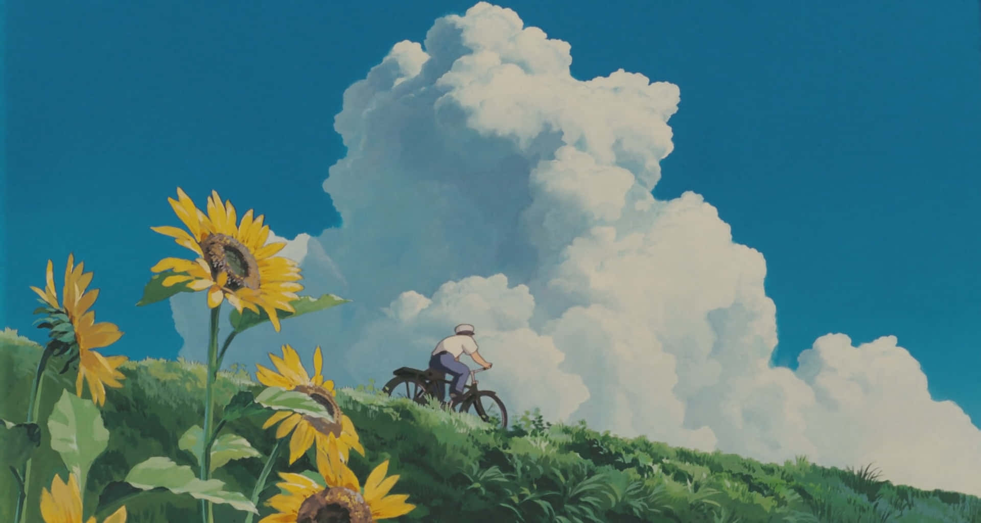 Studio Ghibli, sunflower field, vast blue sky, Full HD Desktop Wallpaper
