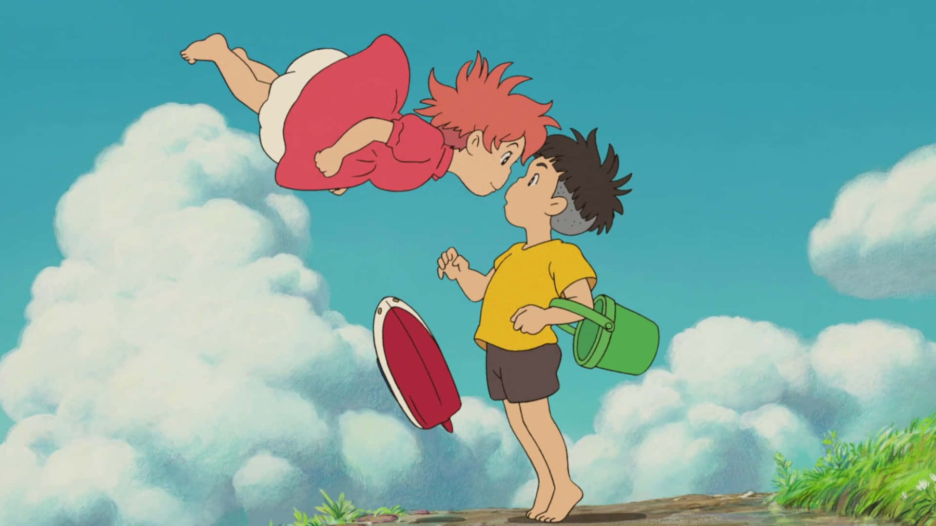 Ghibli, yellow shirt, green bucket, Full HD Desktop Wallpaper