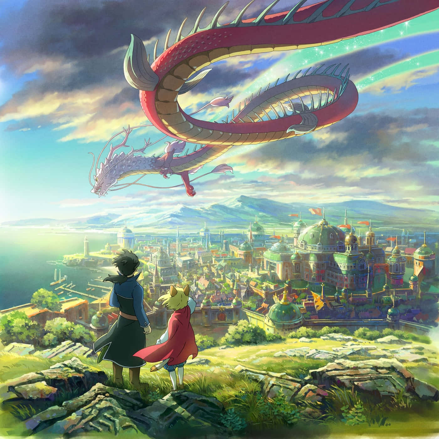 Studio Ghibli, red dragon, coastal cityscape, HD Desktop Wallpaper