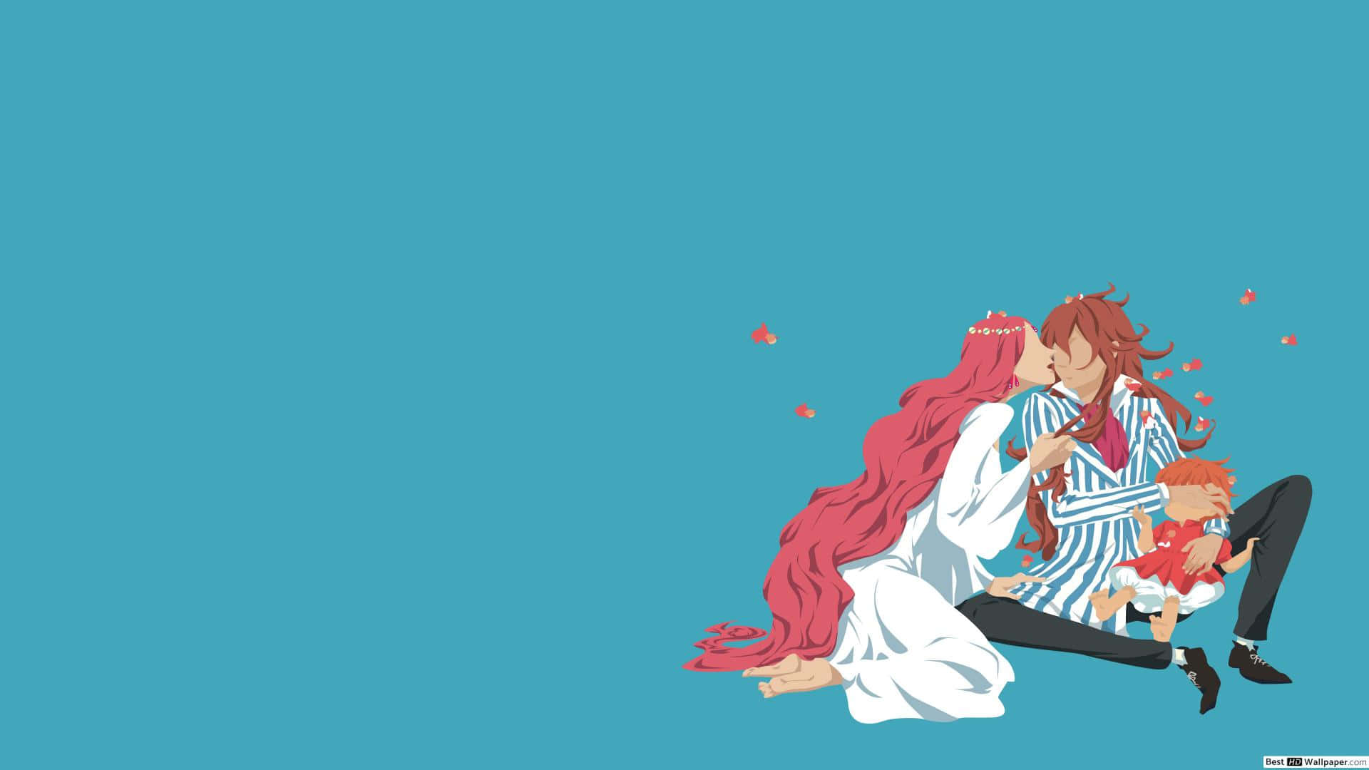 Aesthetic Ghibli, teal background, floating red hearts, Full HD Desktop Wallpaper