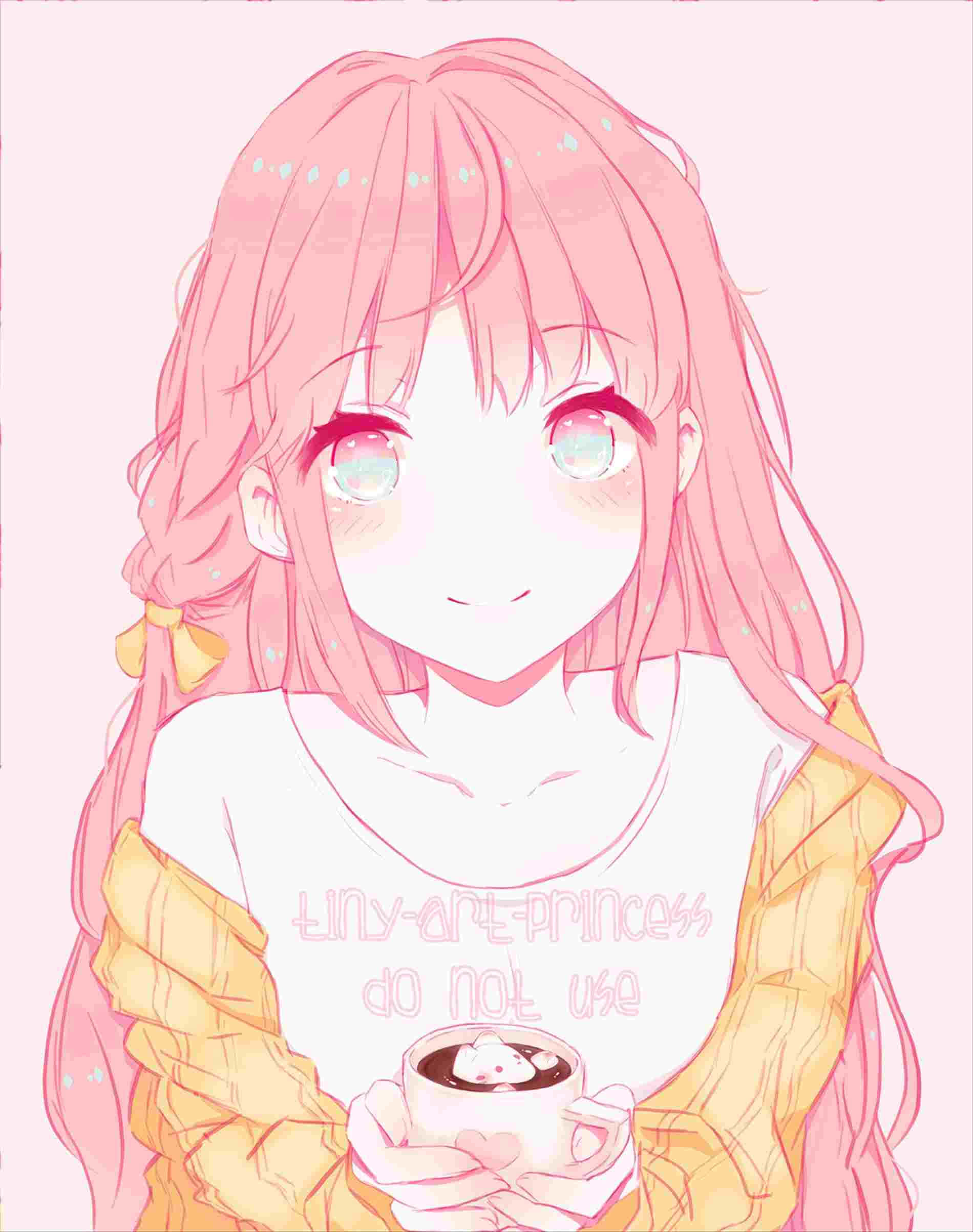 pink hair, pink eyes, cup of hot chocolate, Full HD Phone Wallpaper