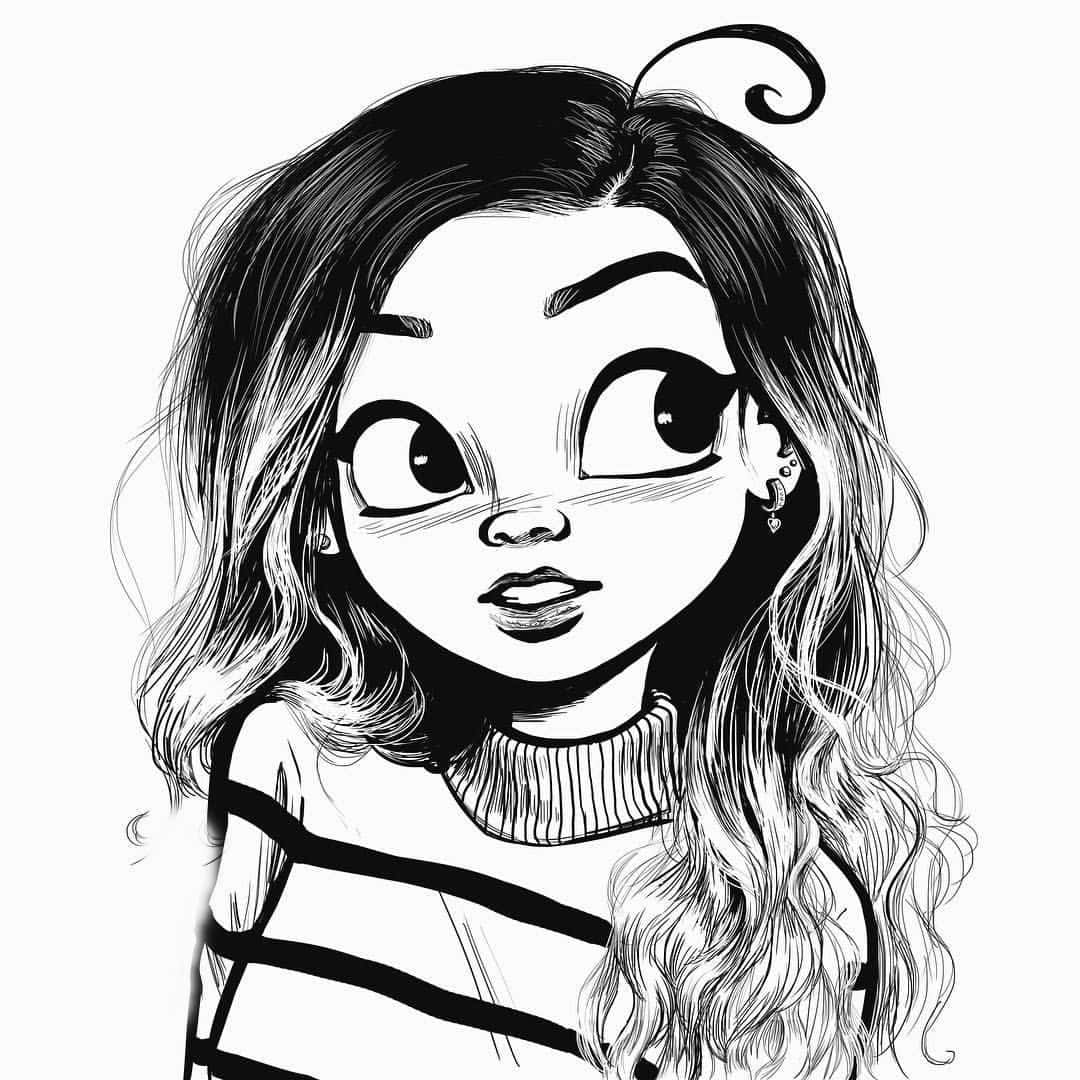 aesthetic girl drawing, black and white illustration, big eyes, SD Desktop Wallpaper