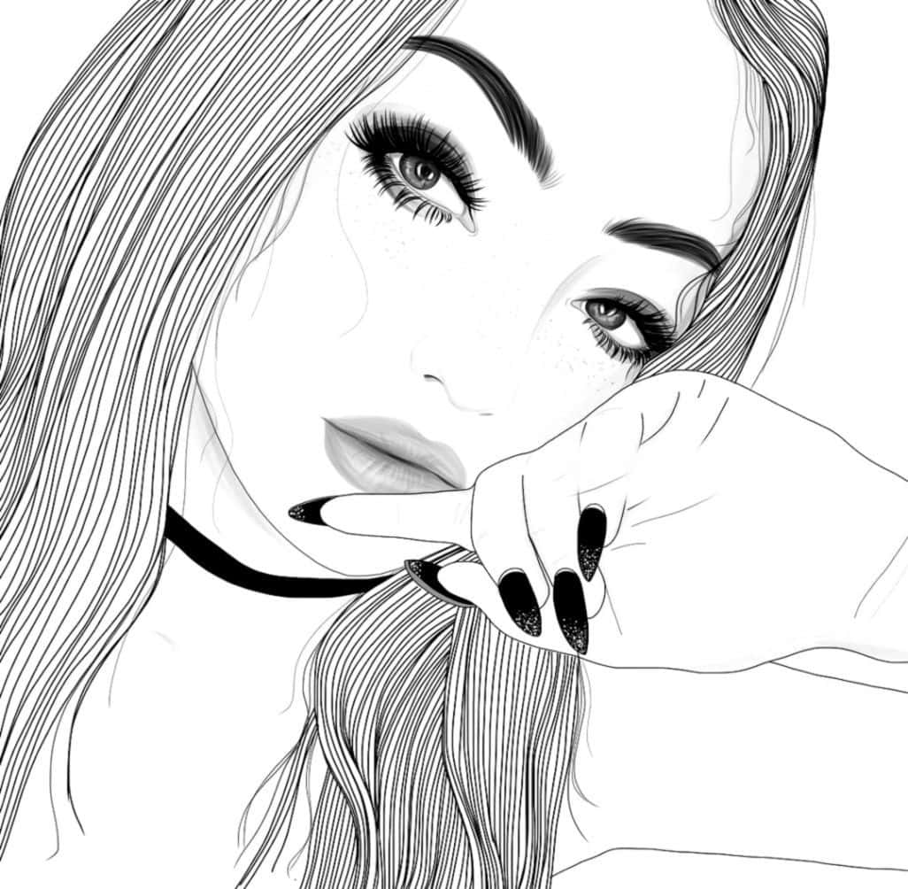 black and white line art, woman, long hair, SD Desktop Wallpaper